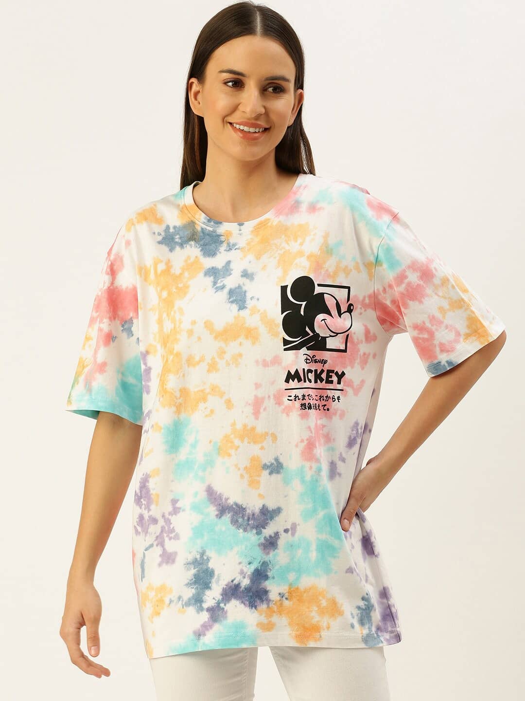 JUNEBERRY Women Cotton Printed Oversized Fit Round Neck T-Shirt ( Multi Color )
