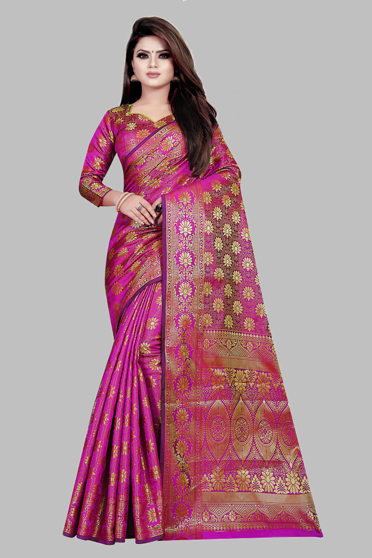 Gazal Fashions Silk Embellished Saree With Unstitched Blouse Piece ( Pink ) - Sarees | Buy online on ZillyBuy
