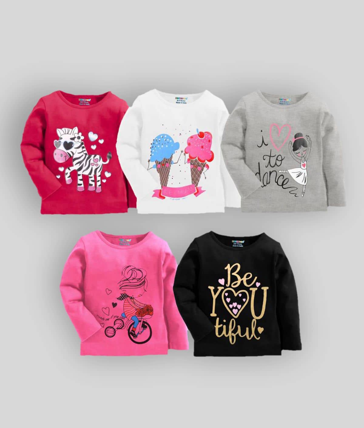 Kuchipoo - Multicolor Cotton Girl's T-Shirt ( Pack of 5 )