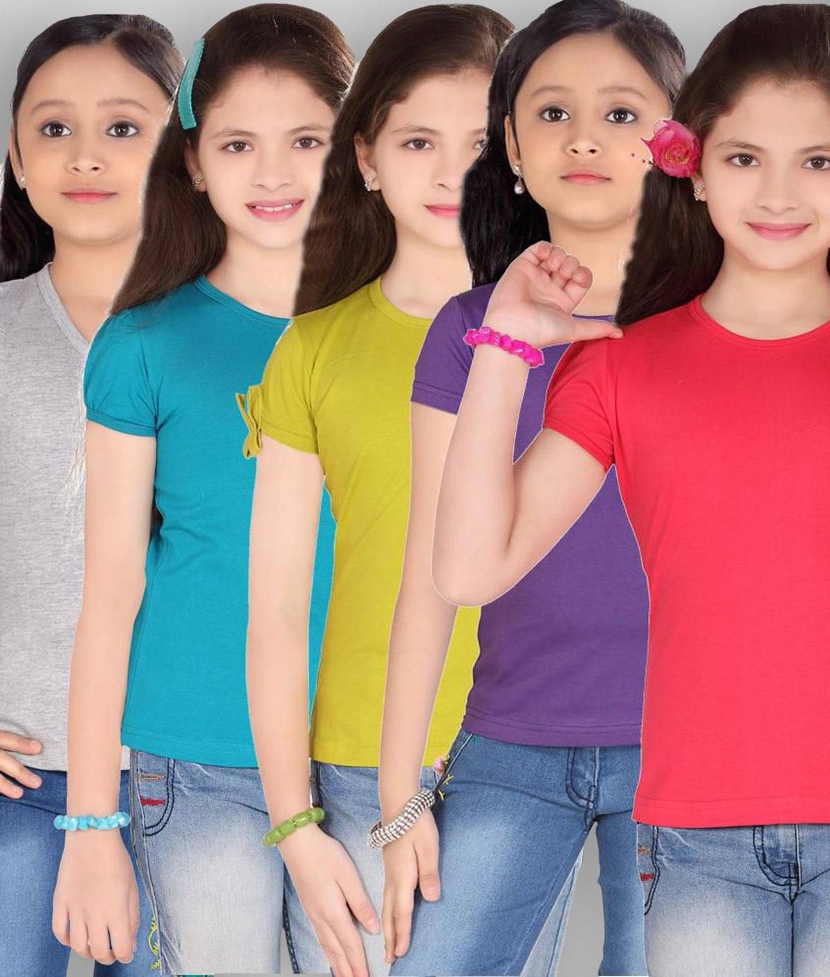     			Sini Mini Pack of 5 Girls Cotton T-Shirt ( Multicolor )