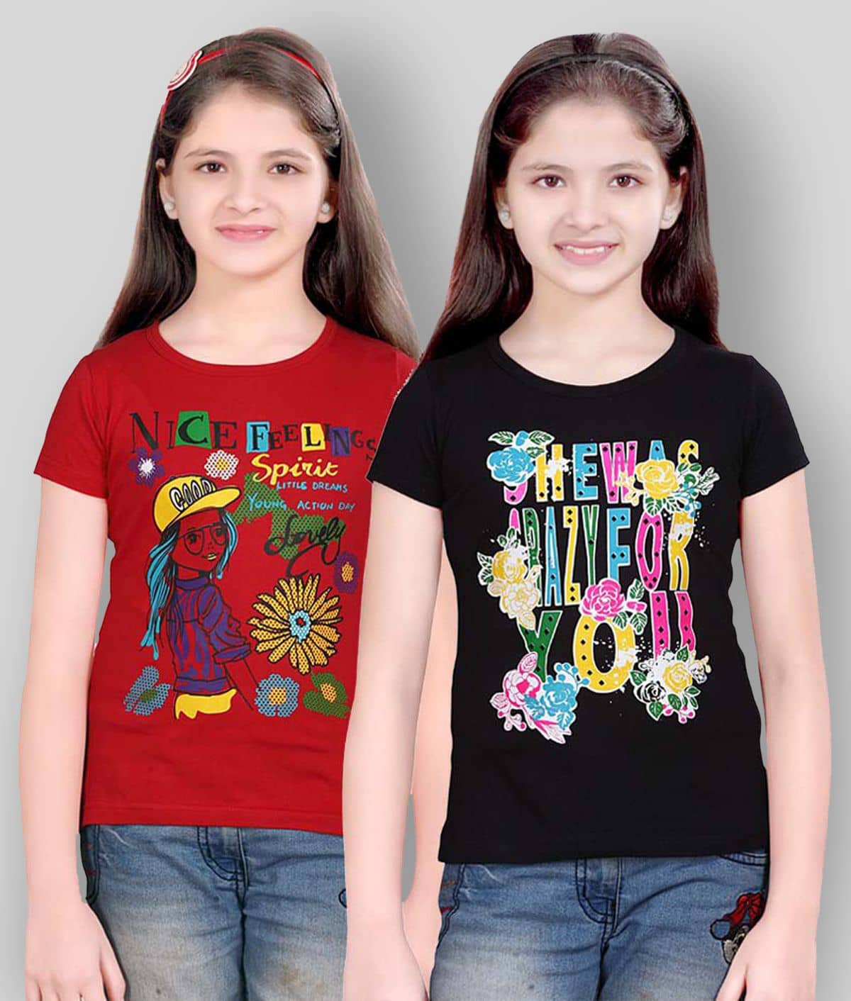Sini Mini Pack of 2 Girls Cotton T-Shirt ( Multicolor )