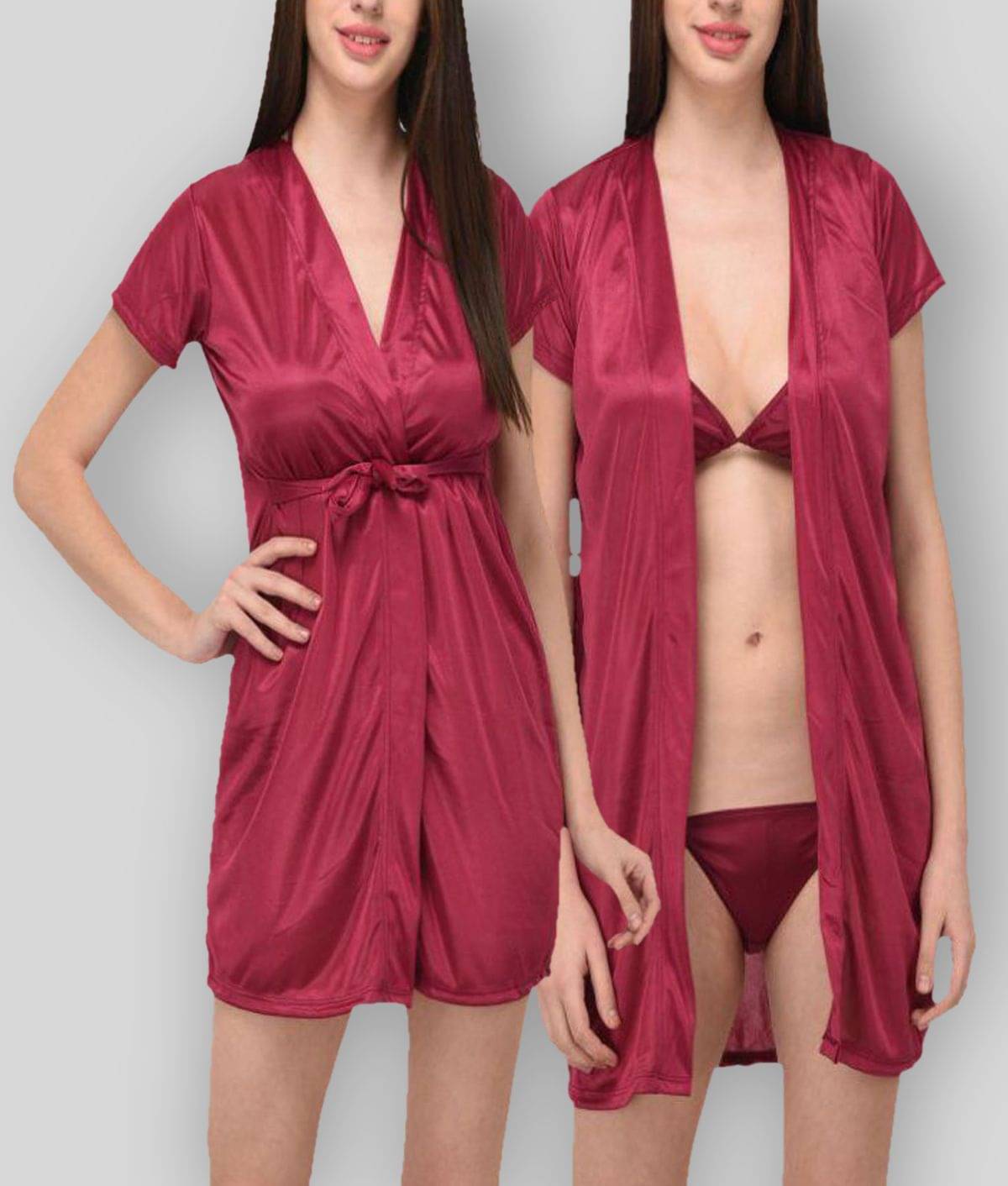     			You Forever - Maroon Satin Women's Nightwear Robes ( Pack of 2 )