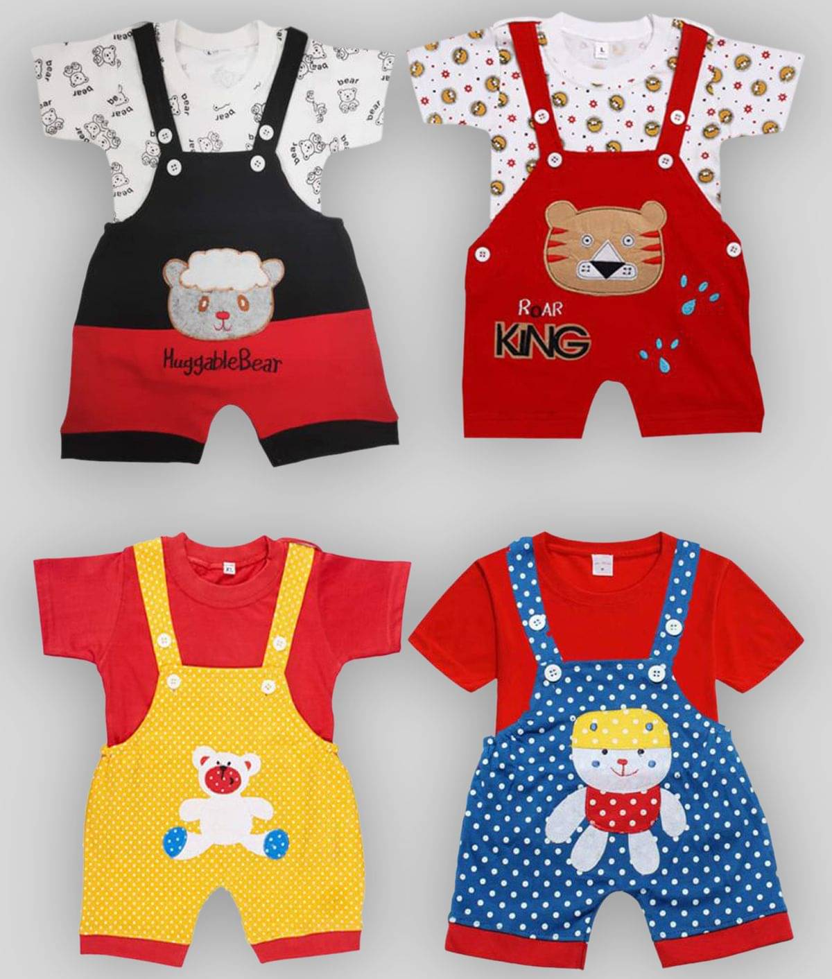 Babeezworld Pack of 4 Unisex for Baby Cotton Dungarees ( Multicolor ) Babeezworld Pack of 4 Unisex for Baby Cotton Dungarees ( Multicolor )