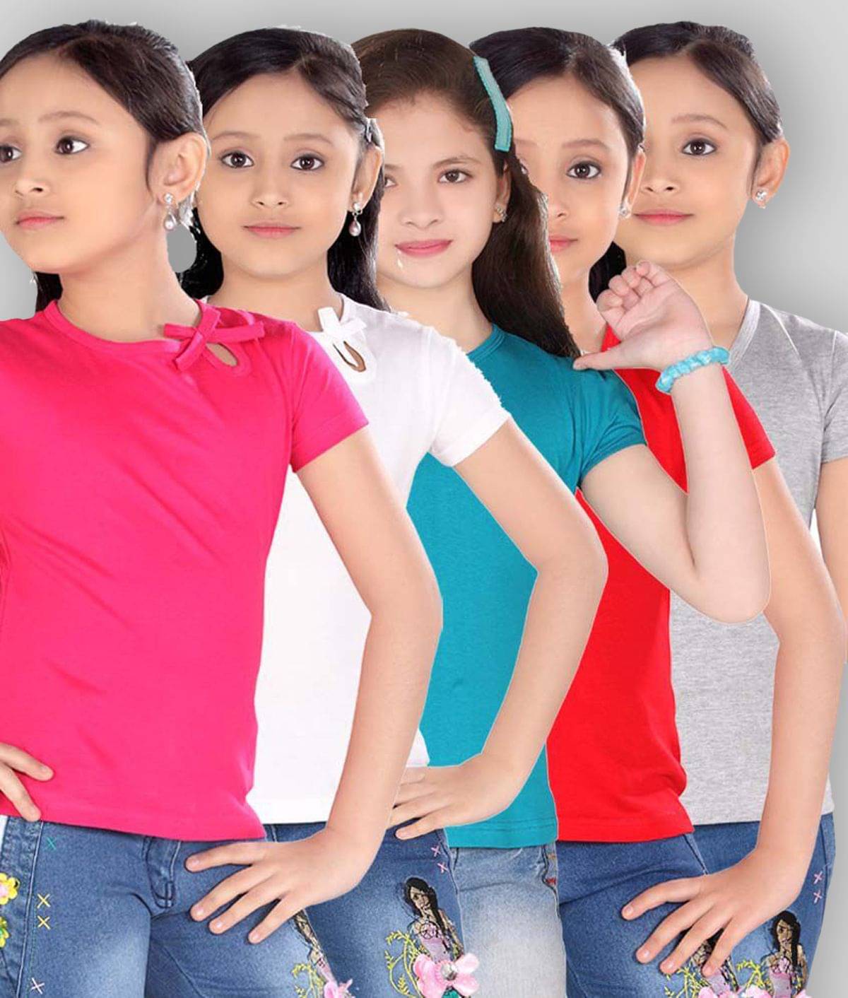     			Sini Mini Pack of 5 Girls 100% Cotton Tops ( Blue )