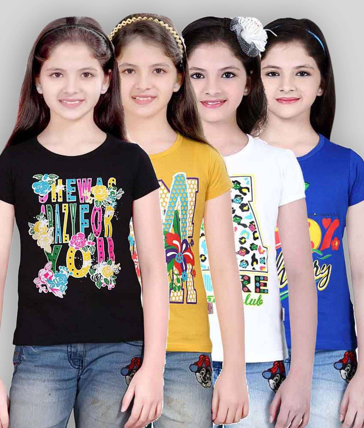     			Sini Mini Pack of 4 Girls 100% Cotton T-Shirt ( Blue )