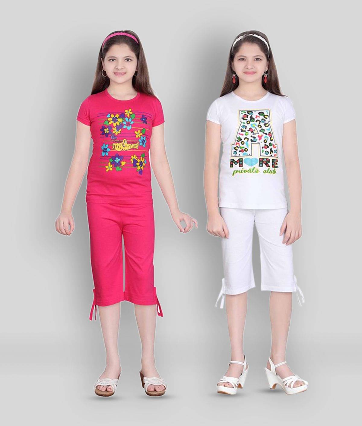     			Sini Mini Pack of 2 Girls 100% Cotton Top With Capris ( Multicolor )