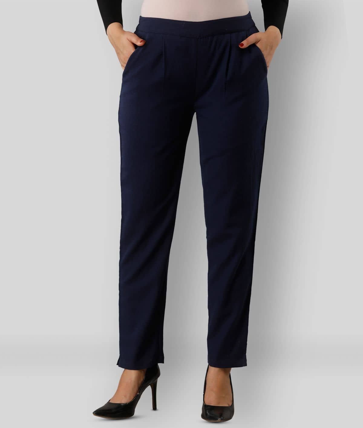 SVARCHI - Navy Blue Cotton Straight Fit Women's Cigarette Pants  ( Pack of 1 ) - Trousers | Buy online on ZillyBuy