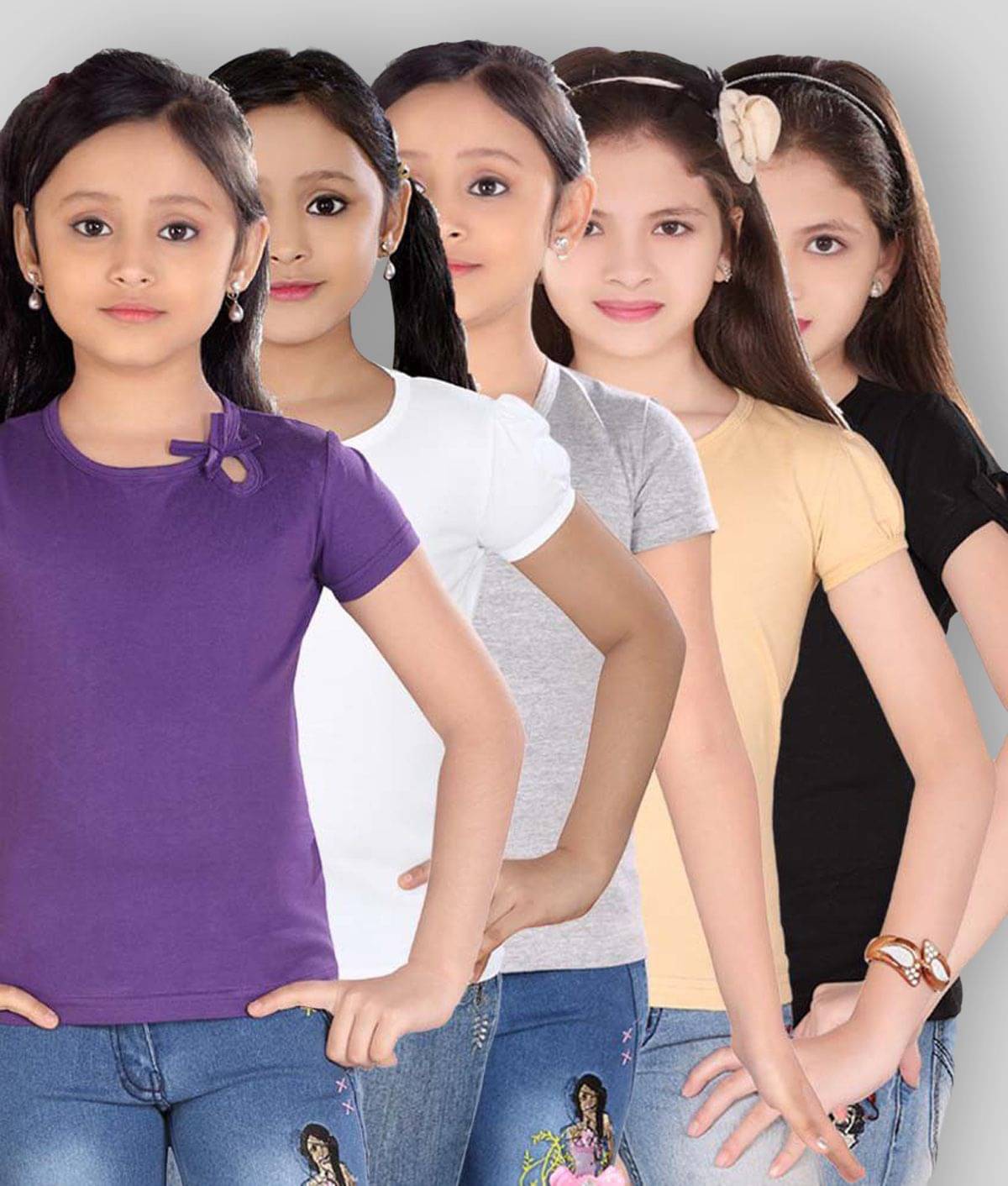     			Sini Mini Pack of 5 Girls 100% Cotton Tops ( Blue )
