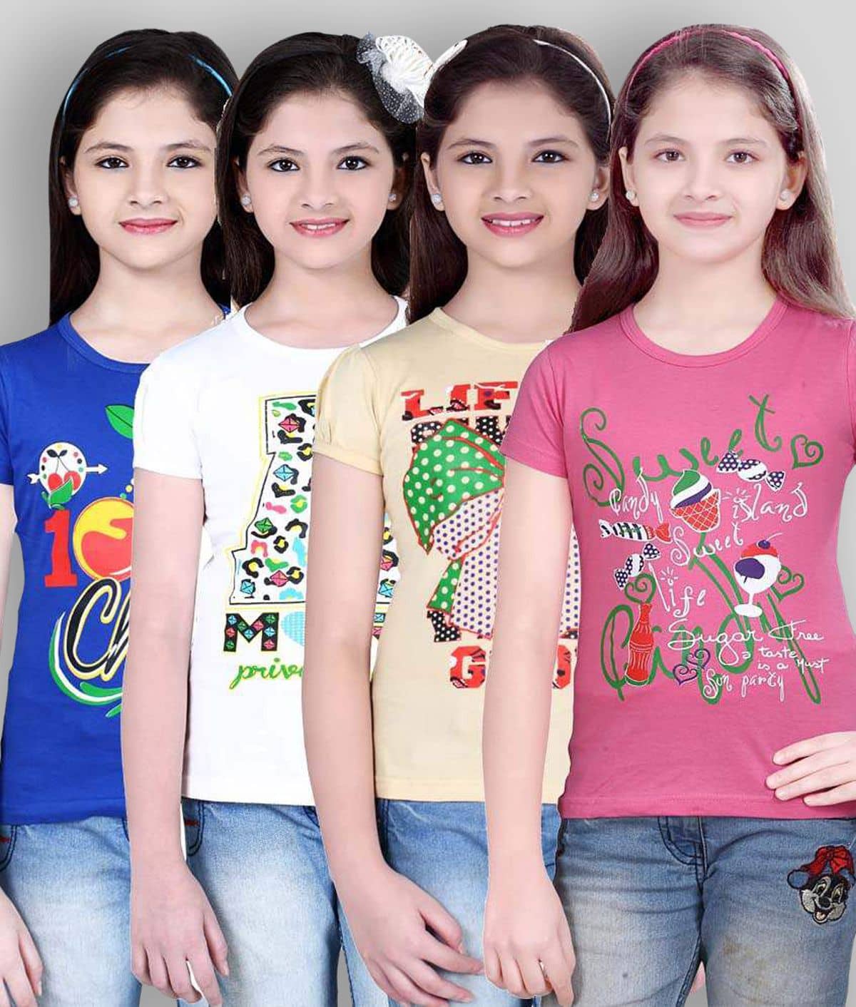 Sini Mini Pack of 4 Girls 100% Cotton T-Shirts ( Blue )