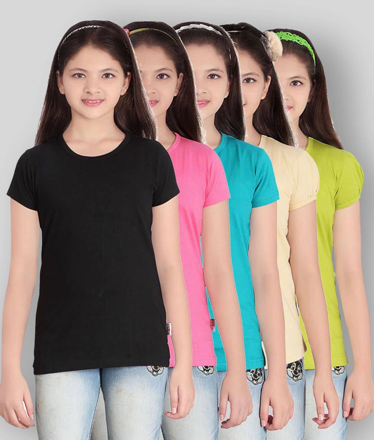 Sini Mini Pack of 5 Girls Cotton Blend T-Shirt ( Multicolor )