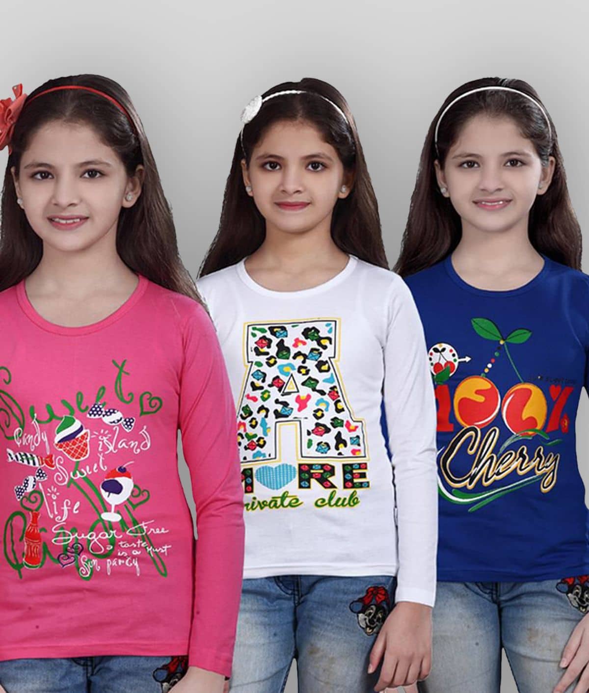 Sini Mini Pack of 3 Girls Cotton T-Shirt ( Multicolor )