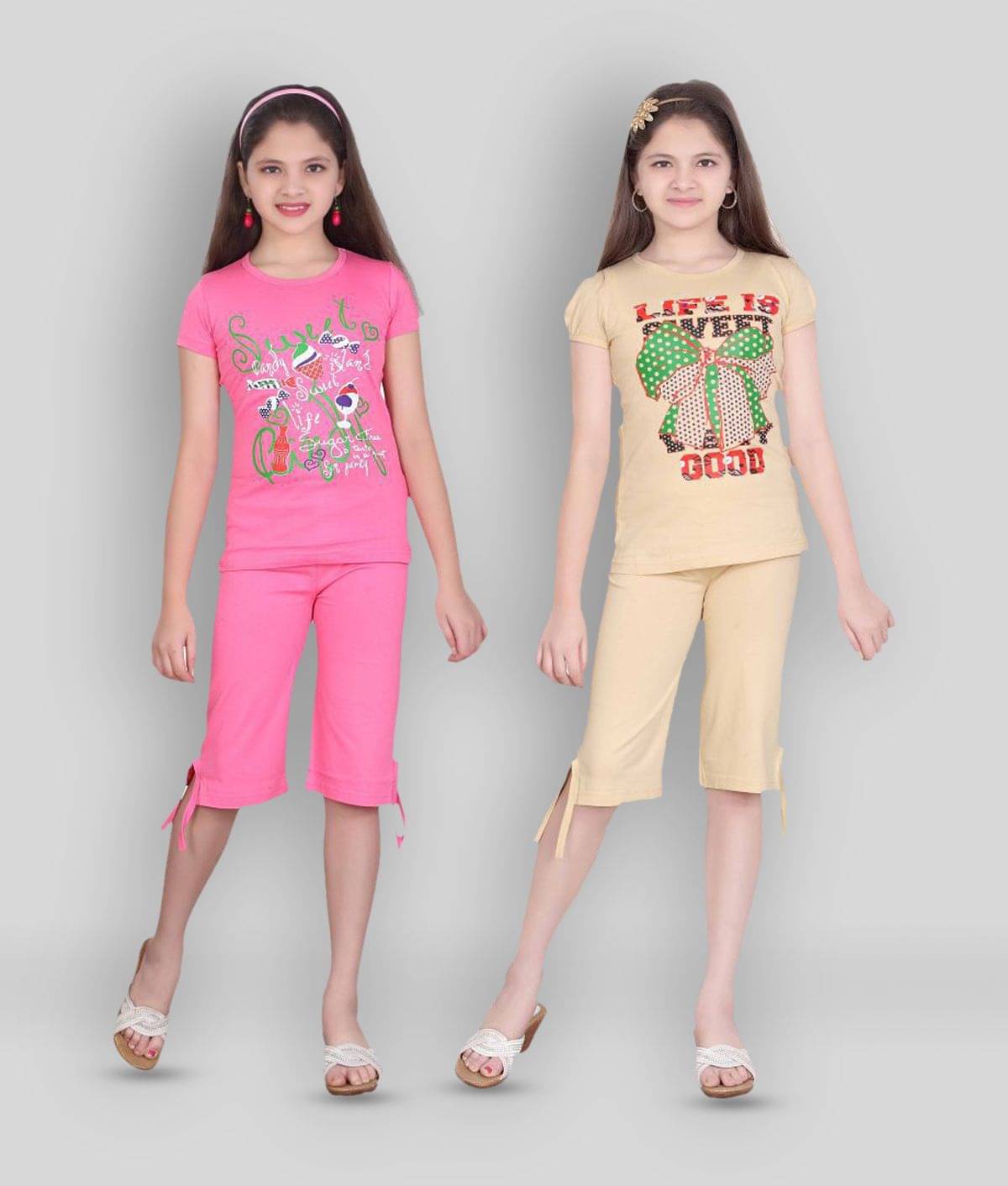     			Sini Mini Pack of 2 Girls 100% Cotton Top With Capris ( Multicolor )