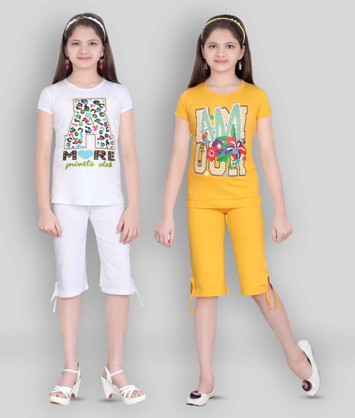 Sini Mini Pack of 2 Girls 100% Cotton Top With Capris ( Multi )