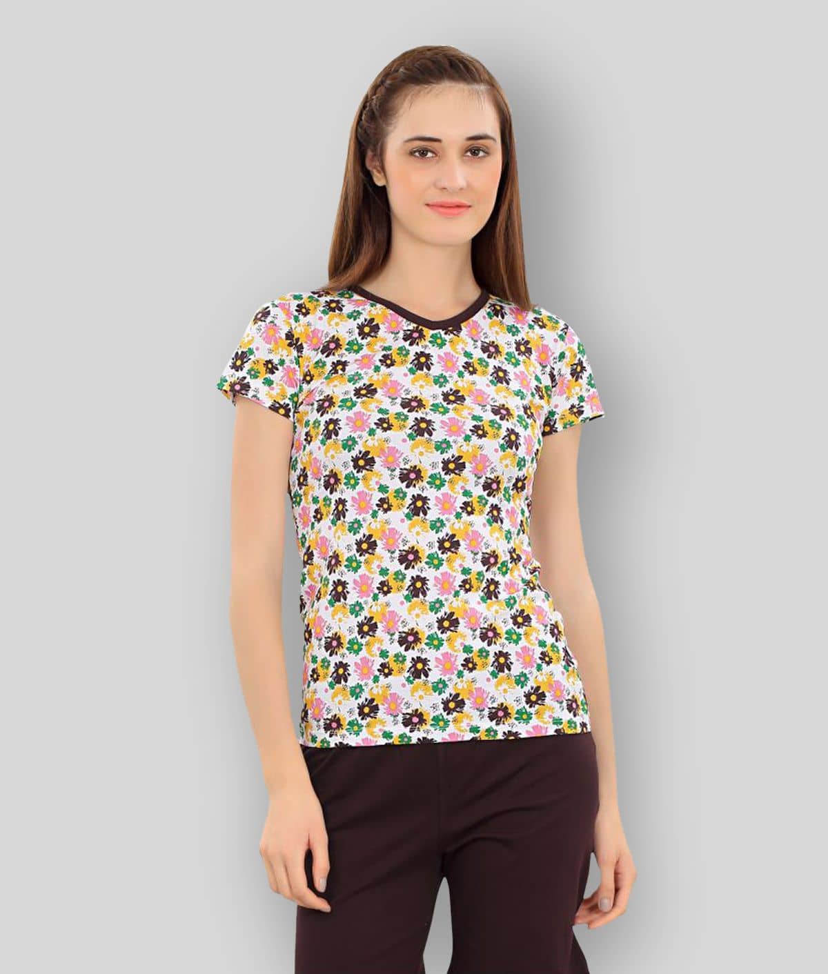 Zebu Women Cotton Blend Printed Regular Fit V-Neck T-Shirt ( Multicolor )