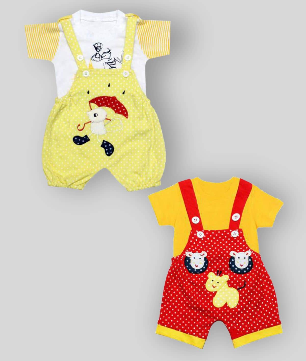 Babeezworld Pack of 2 Baby Girls Cotton Dungarees ( Multicolor )
