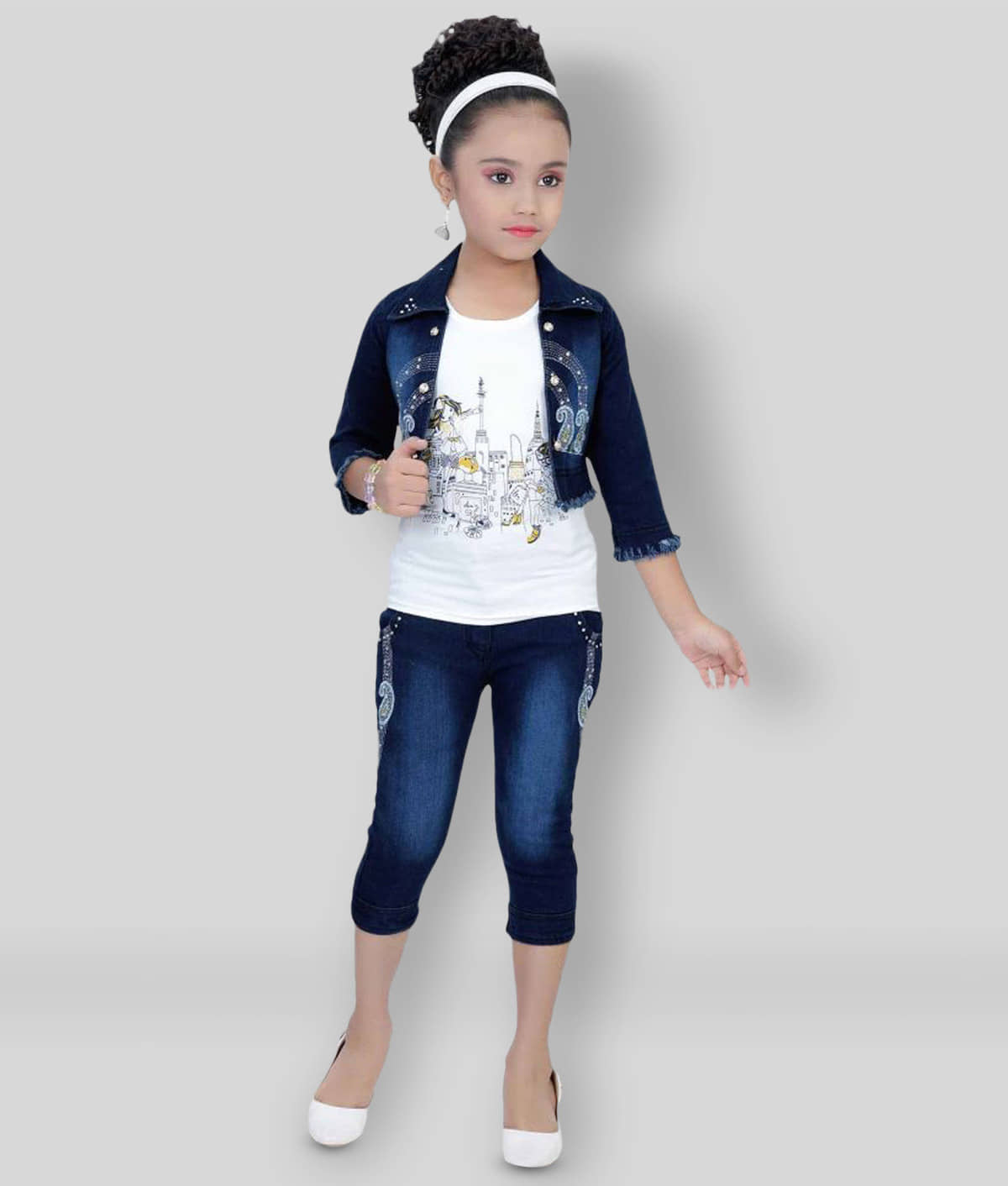 Arshia Fashions Pack of 1 Girls Cotton Blend Top With Capris ( Blue )