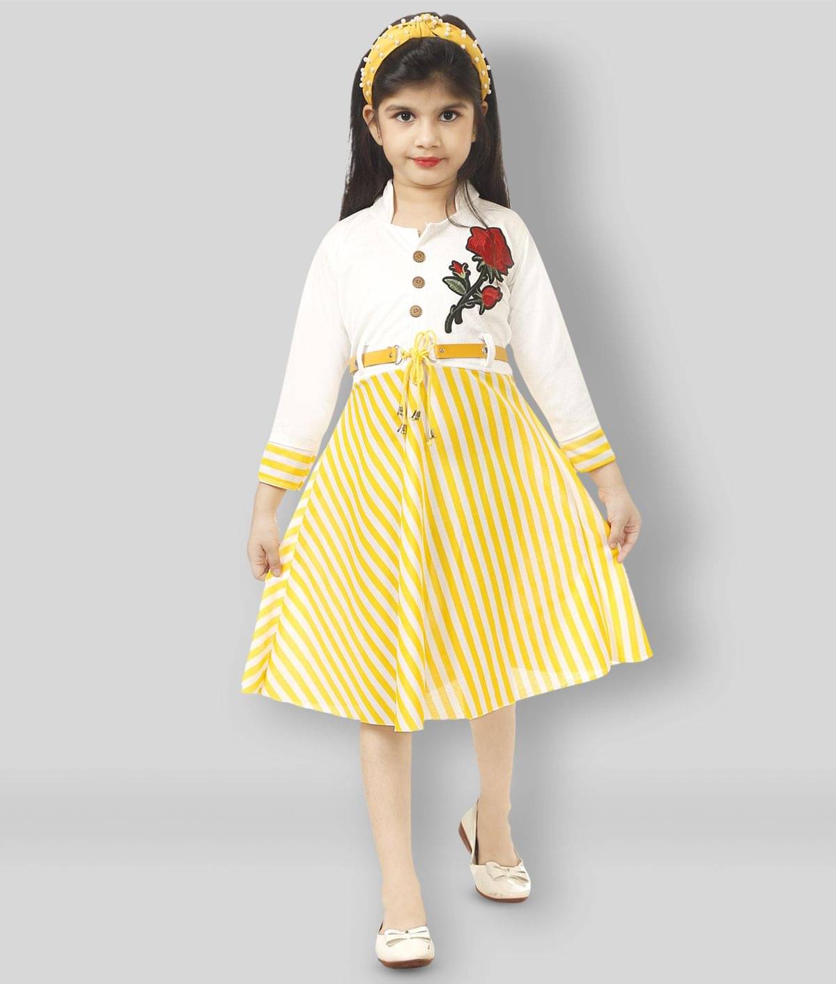     			JCT DRESSES Cotton Blend Fit And Flare Dress For Girls ( Pack of 1 , Yellow & White )