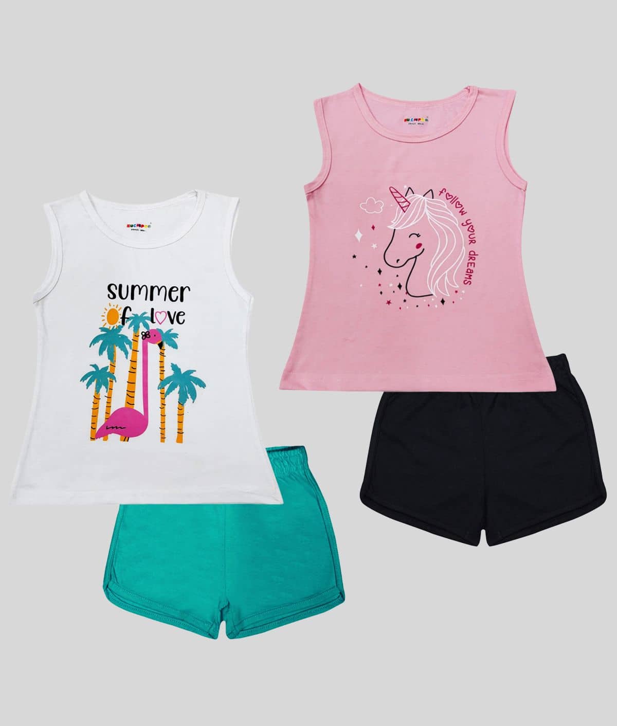 Kuchipoo Pack of 2 Girls Cotton Blend T-shirt With Shorts ( Multicolor3 )