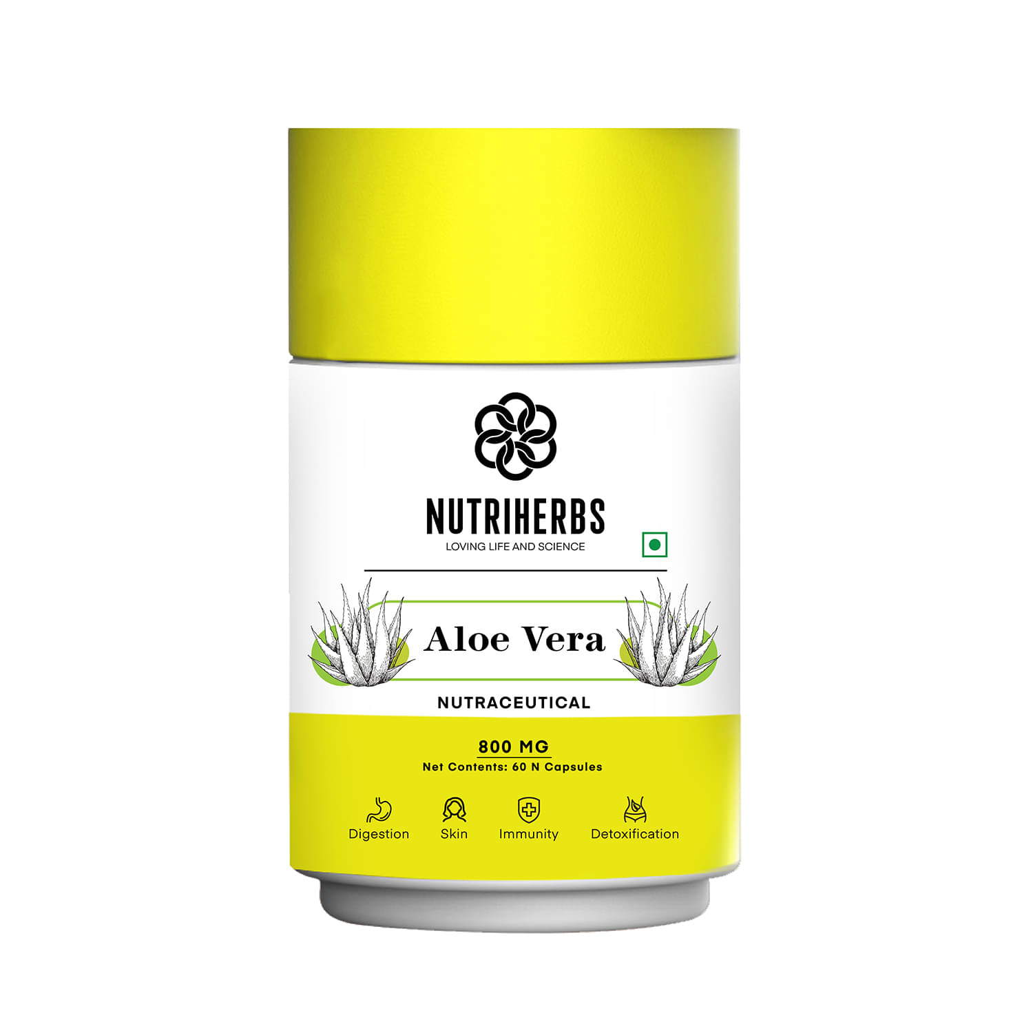     			"Nutriherbs Aleovera Extract 800 mg Pure & Organic - 60 Capsule | Helps To Maintain Beautiful Skin Eases symptoms of Stress For Men & Women "