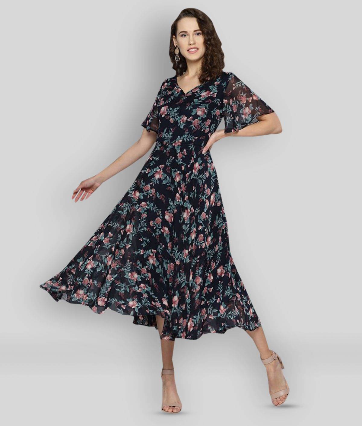Rare Women Polyester Printed Fit & Flare Dress ( Navy ) Rare Women Polyester Printed Fit & Flare Dress ( Navy )