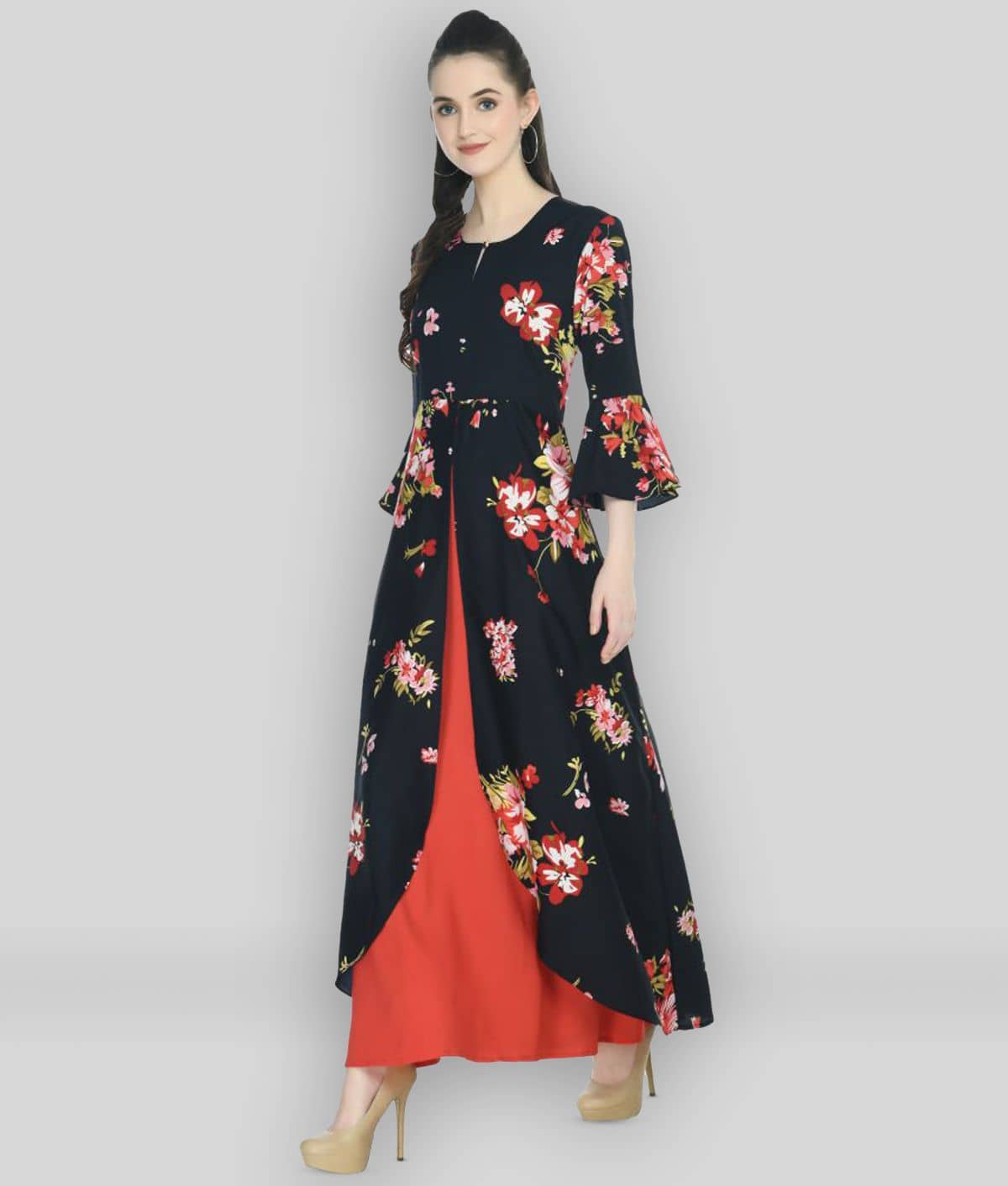 Rudrakriti Women Crepe Printed A-line Dress ( Black )