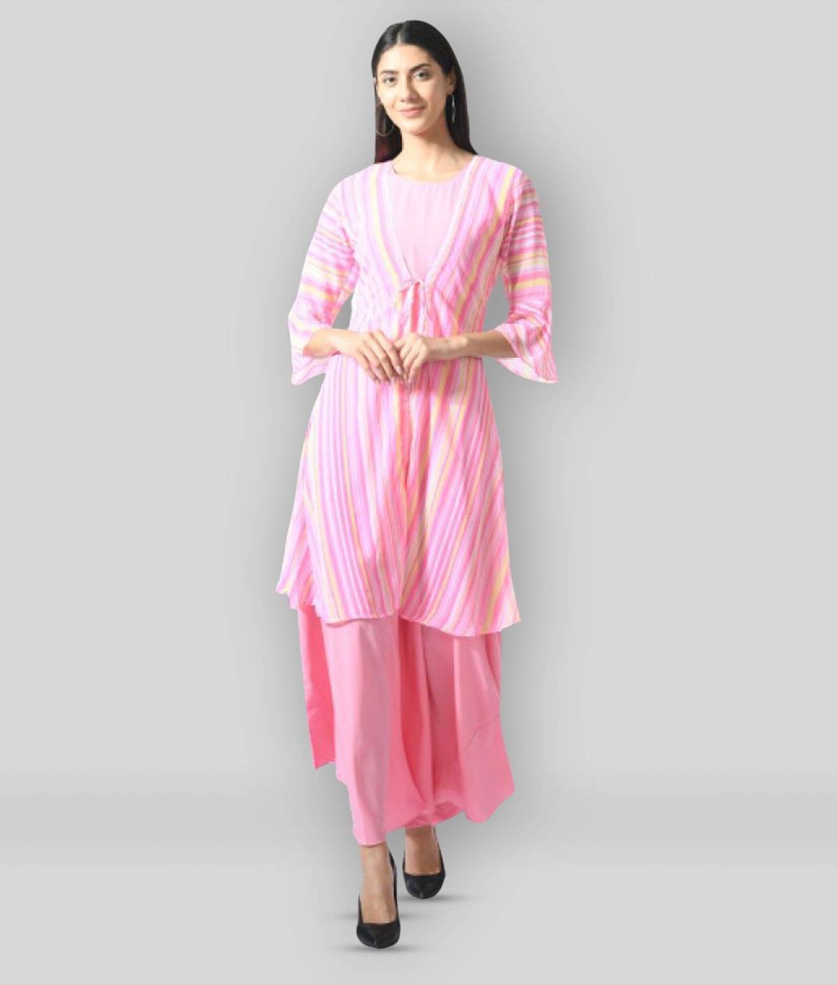 Rudrakriti Women Crepe Striped Ethnic Dress ( Pink ) Rudrakriti Women Crepe Striped Ethnic Dress ( Pink )
