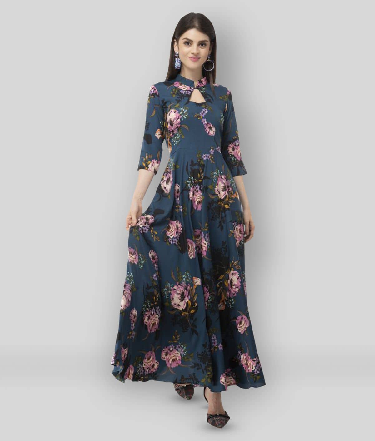 TOGZZ Women Crepe Printed A-line Dress ( Blue )