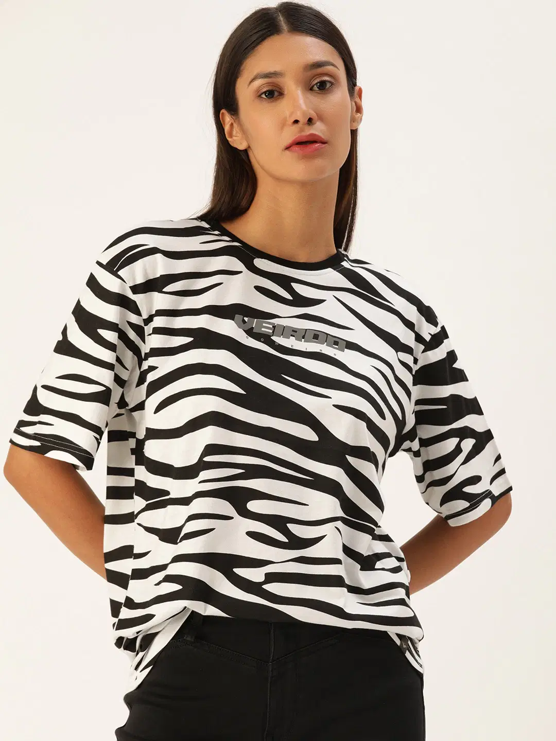 JUNEBERRY Women Cotton Printed Oversized Fit Round Neck T-Shirt ( White )