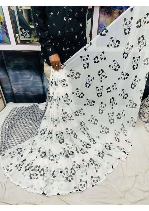 Sitanjali Georgette Saree With Unstitched Blouse Piece ( White ) - Sarees | Buy online on ZillyBuy