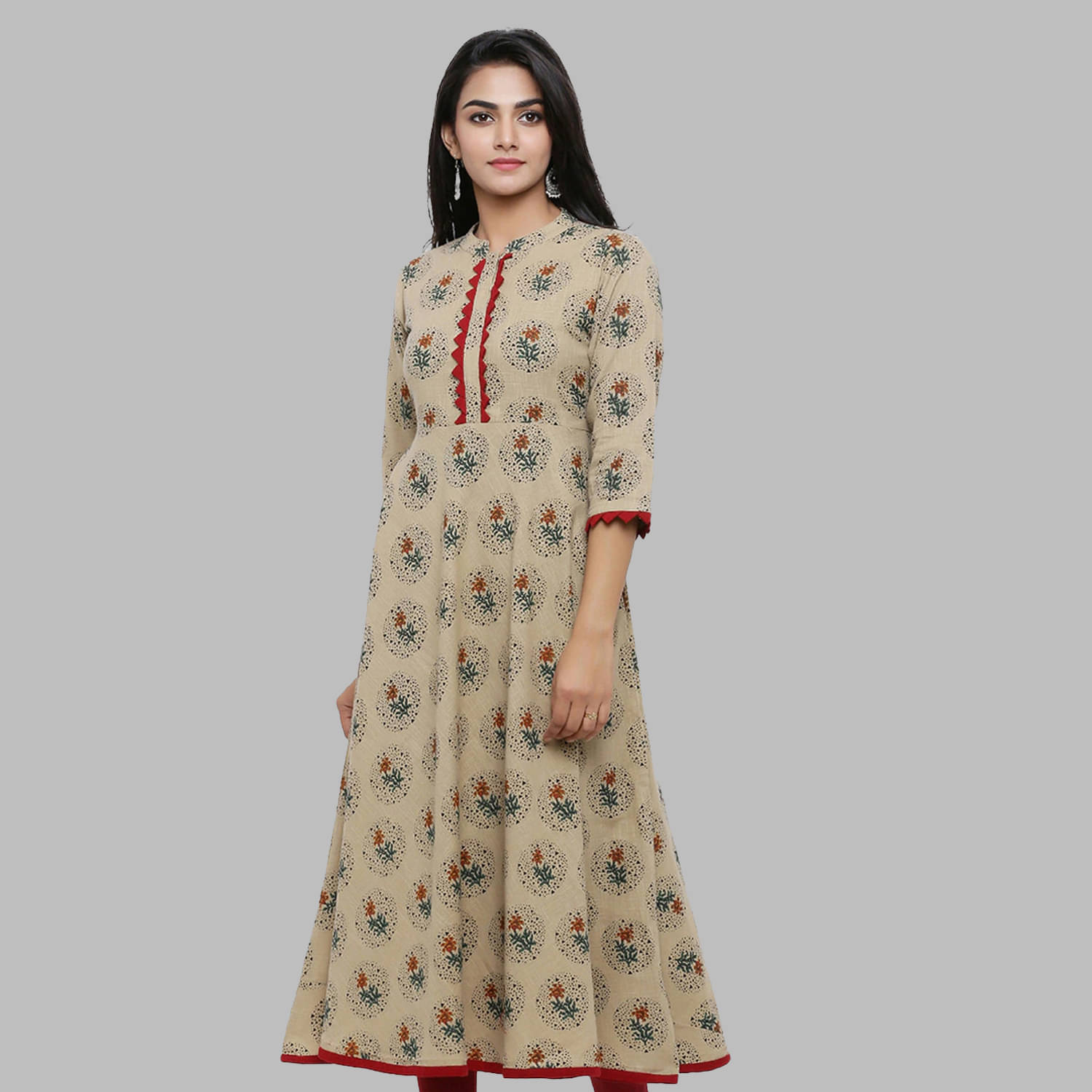    			Yash Gallery - Beige Cotton Blend Women's Flared Kurti ( Pack of 1 )