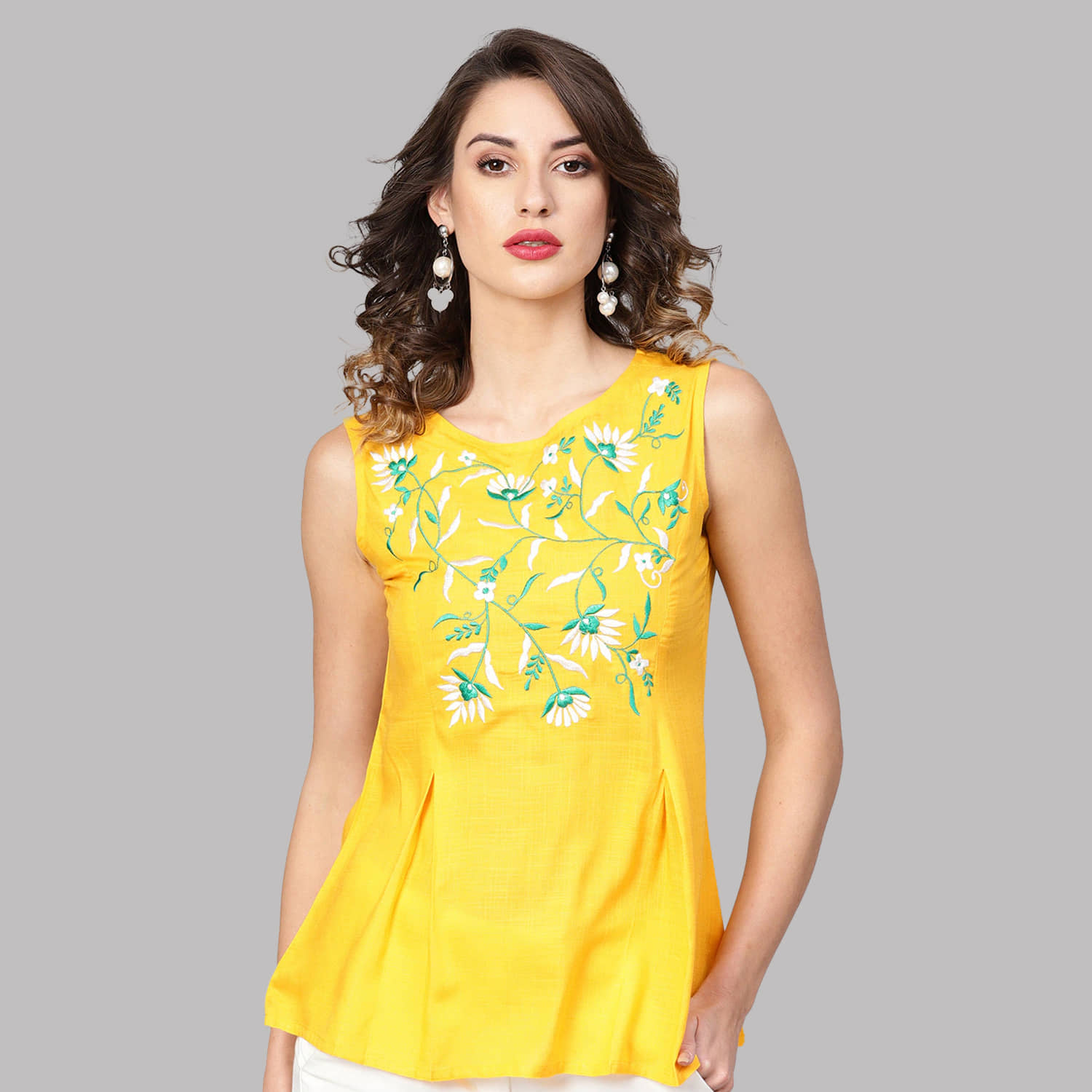 Yash Gallery Women's Rayon A-Line Top ( Yellow )