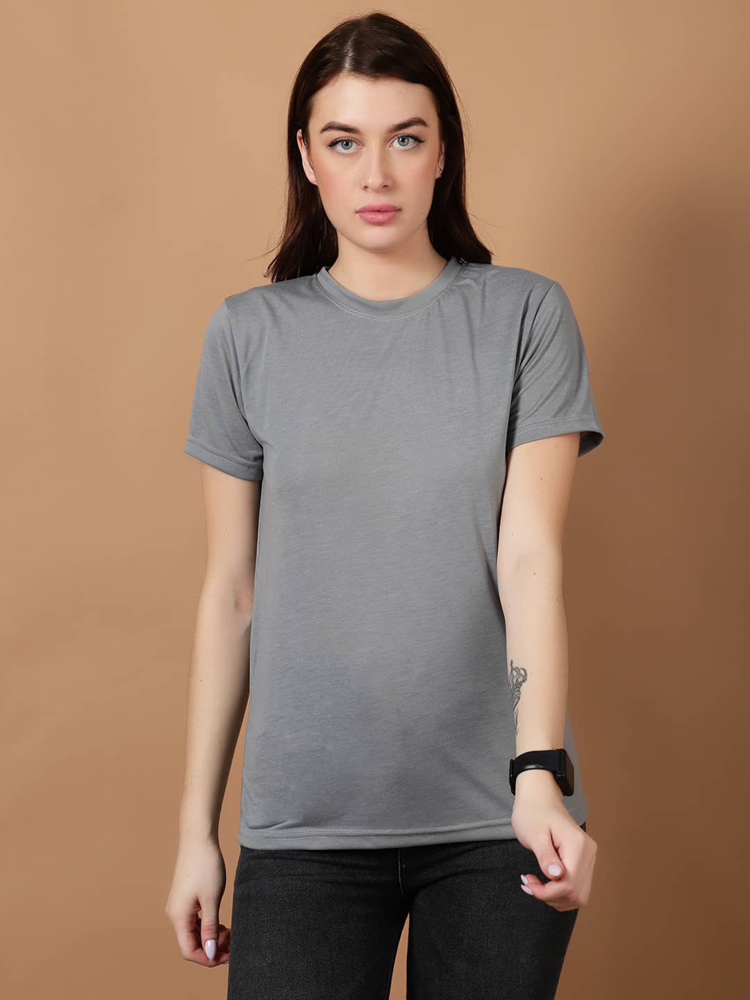 Wishry Women Cotton Solid Regular Fit Round Neck T-Shirt ( Grey )