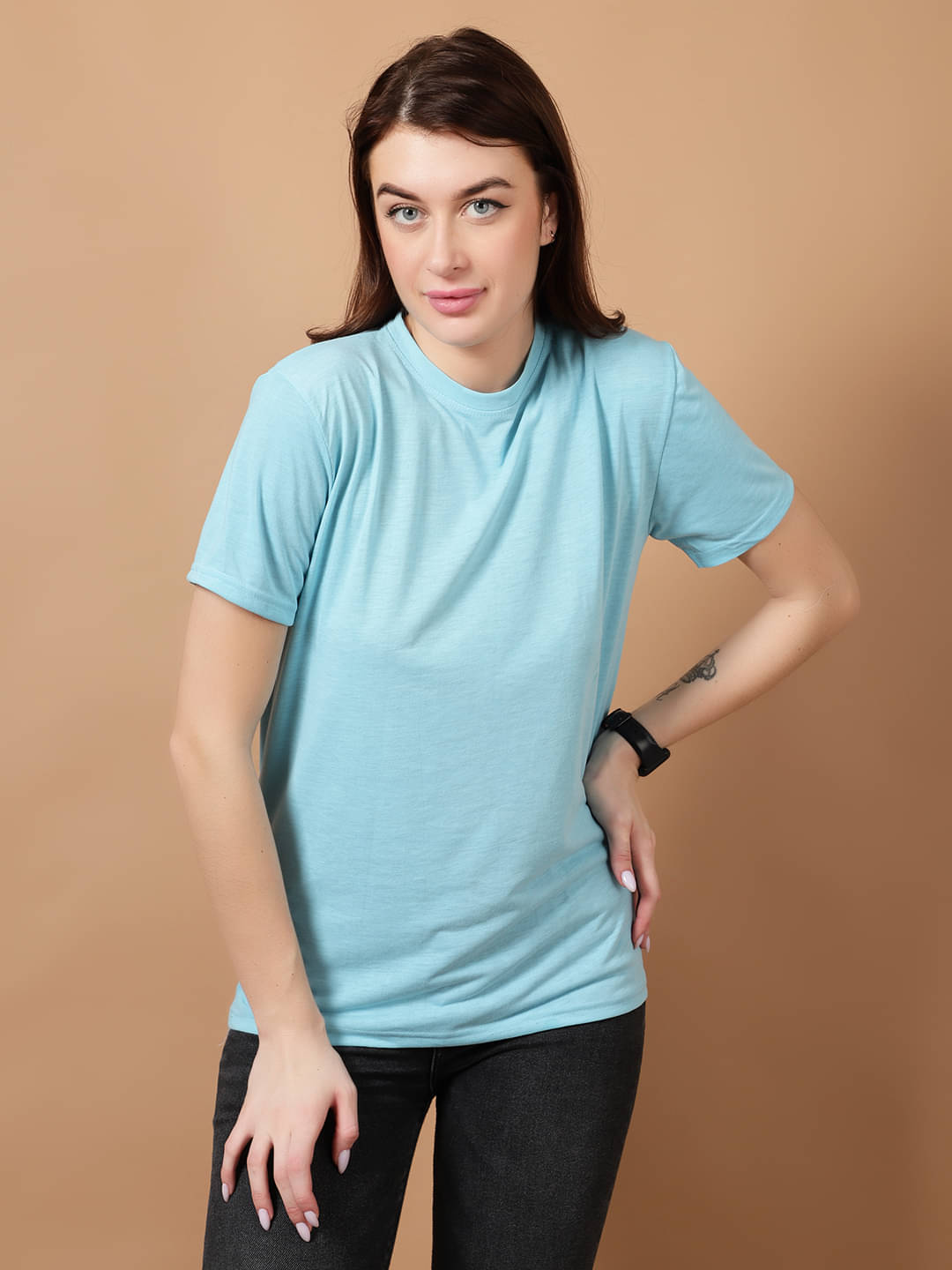     			Wishry Women Cotton Solid Regular Fit Round Neck T-Shirt ( Light Blue )