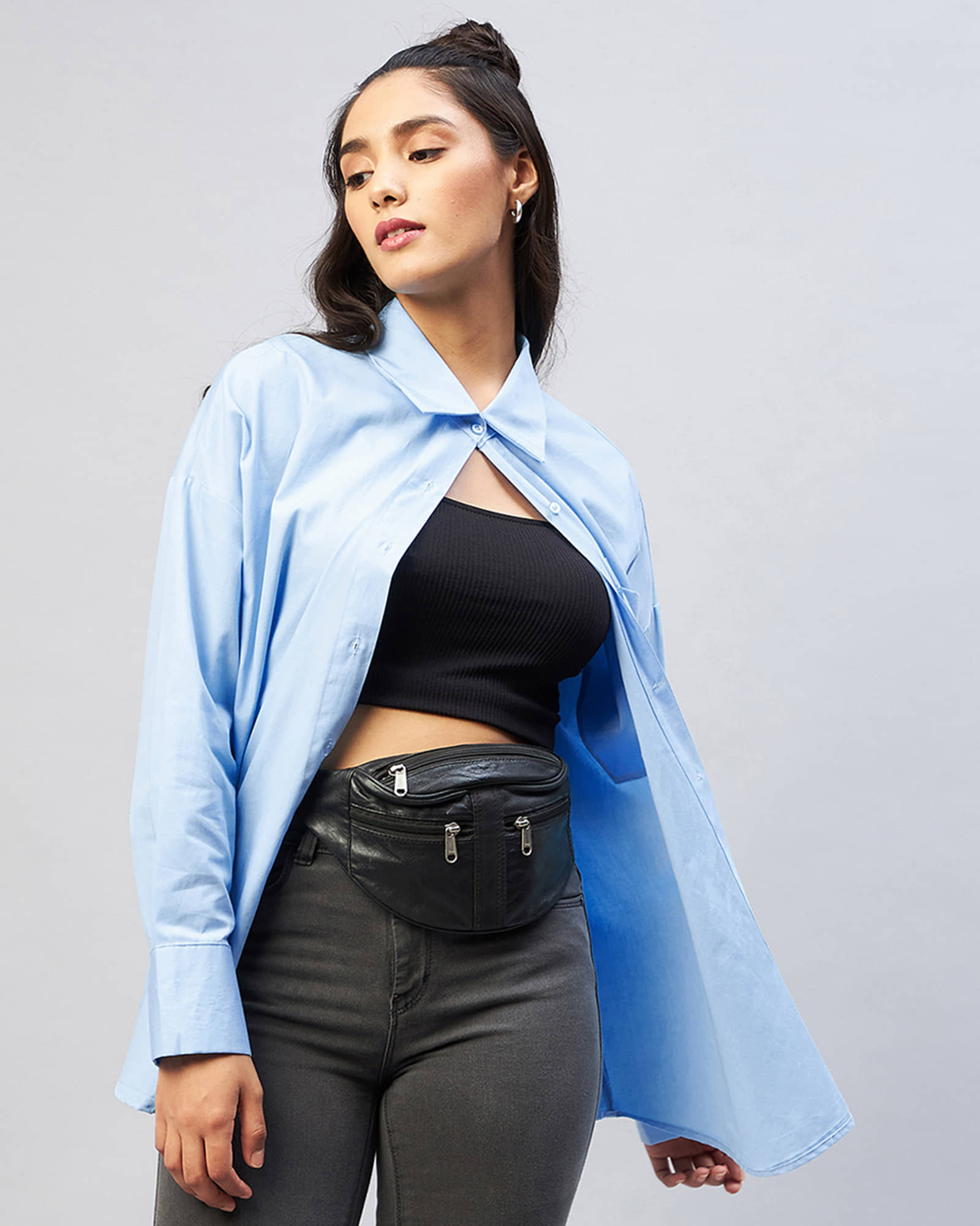 Chimpaaanzee Women Solid Cotton Shirt ( Blue )