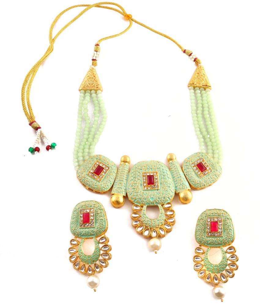    			Jewar Mandi - Lime Green Brass Necklace Set ( Pack of 1 )