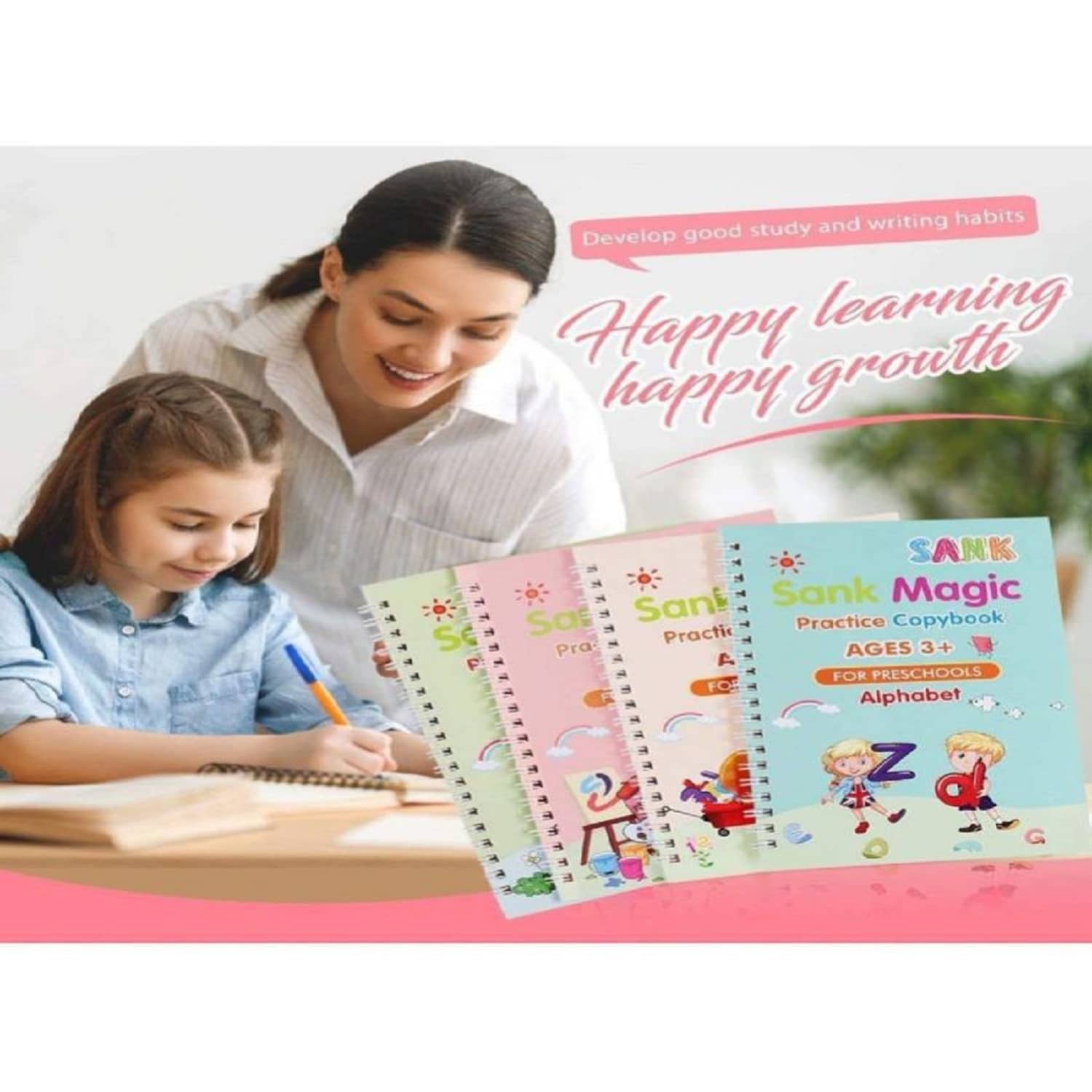 Sank Magic Practice Copybook, Number Tracing Book for Preschoolers with Pen, Magic Calligraphy Copybook Set Practical Reusable Writing Tool Simple Hand Lettering (4 Books + 5 Refill)
