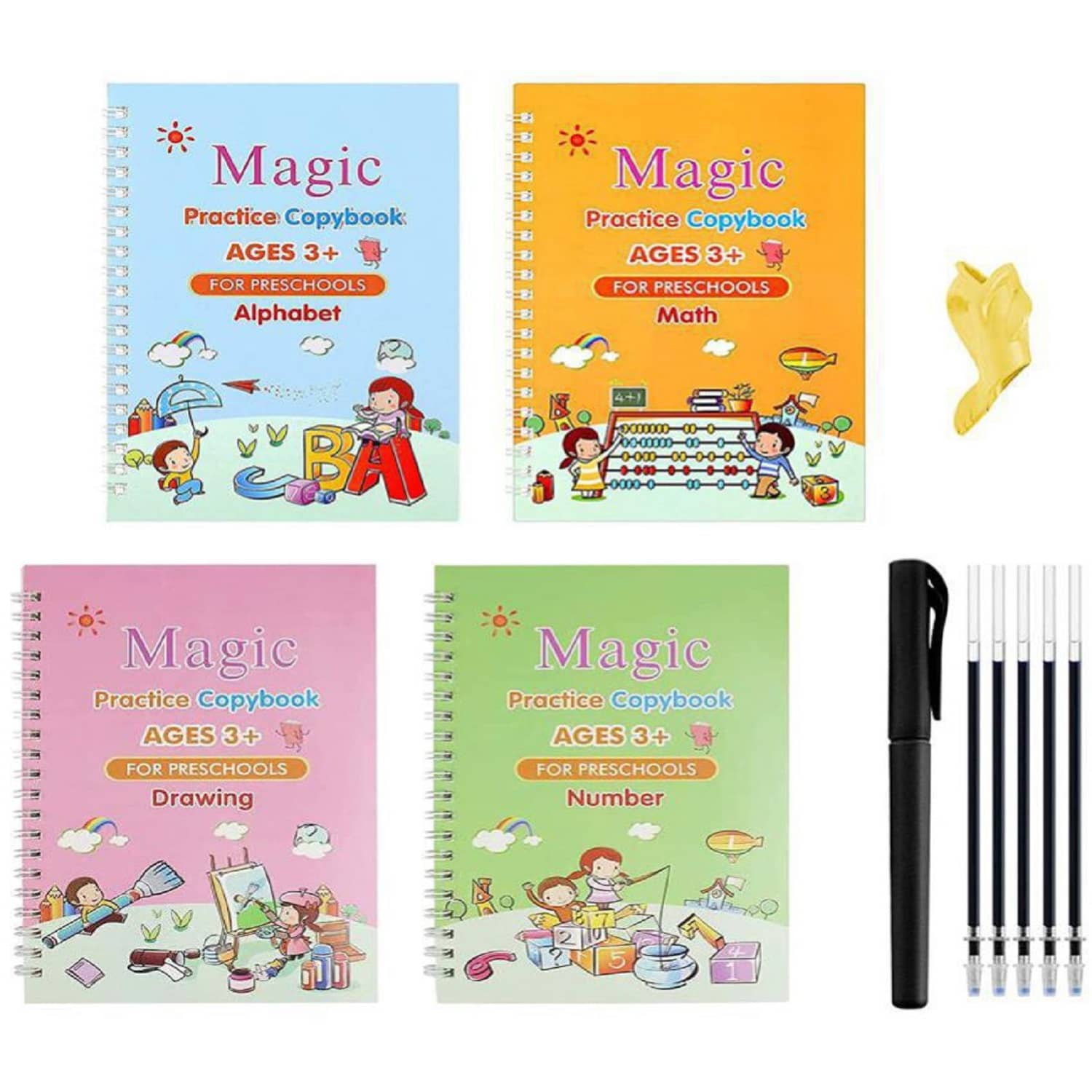 Sank Magic Practice Copybook, Number Tracing Book for Preschoolers with Pen, Magic Calligraphy Copybook Set Practical Reusable Writing Tool Simple Hand Lettering (4 Books + 5 Refill) - Stationery | Buy online on ZillyBuy