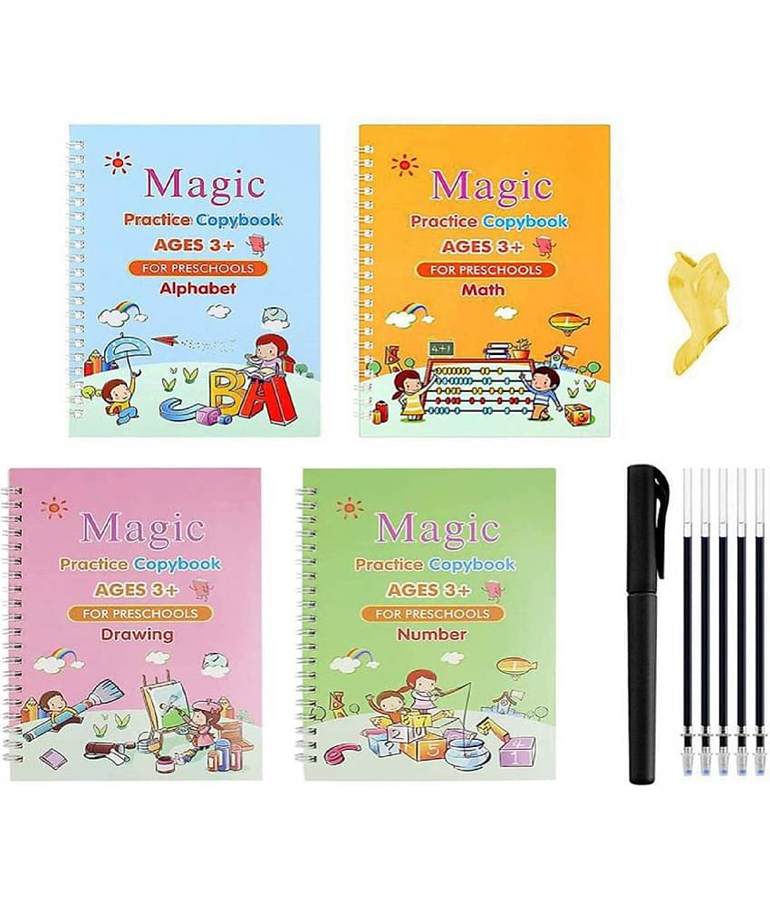 Sank Magic Practice Copybook, Number Tracing Book for Preschoolers with Pen, Magic Calligraphy Copybook Set Practical Reusable Writing Tool Simple Hand Lettering (4 Books + 5 Refill)