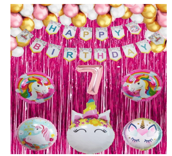     			Blooms Event 1 set Happy Birthday Banner (Unicorn shape),2 pcs pink  fringe Curtain + 5 pc Unicorn Foil Balloon Set + 30 Pcs Metallic Balloons ( Pink , White & Gold),7 No. Foil Number Rose gold