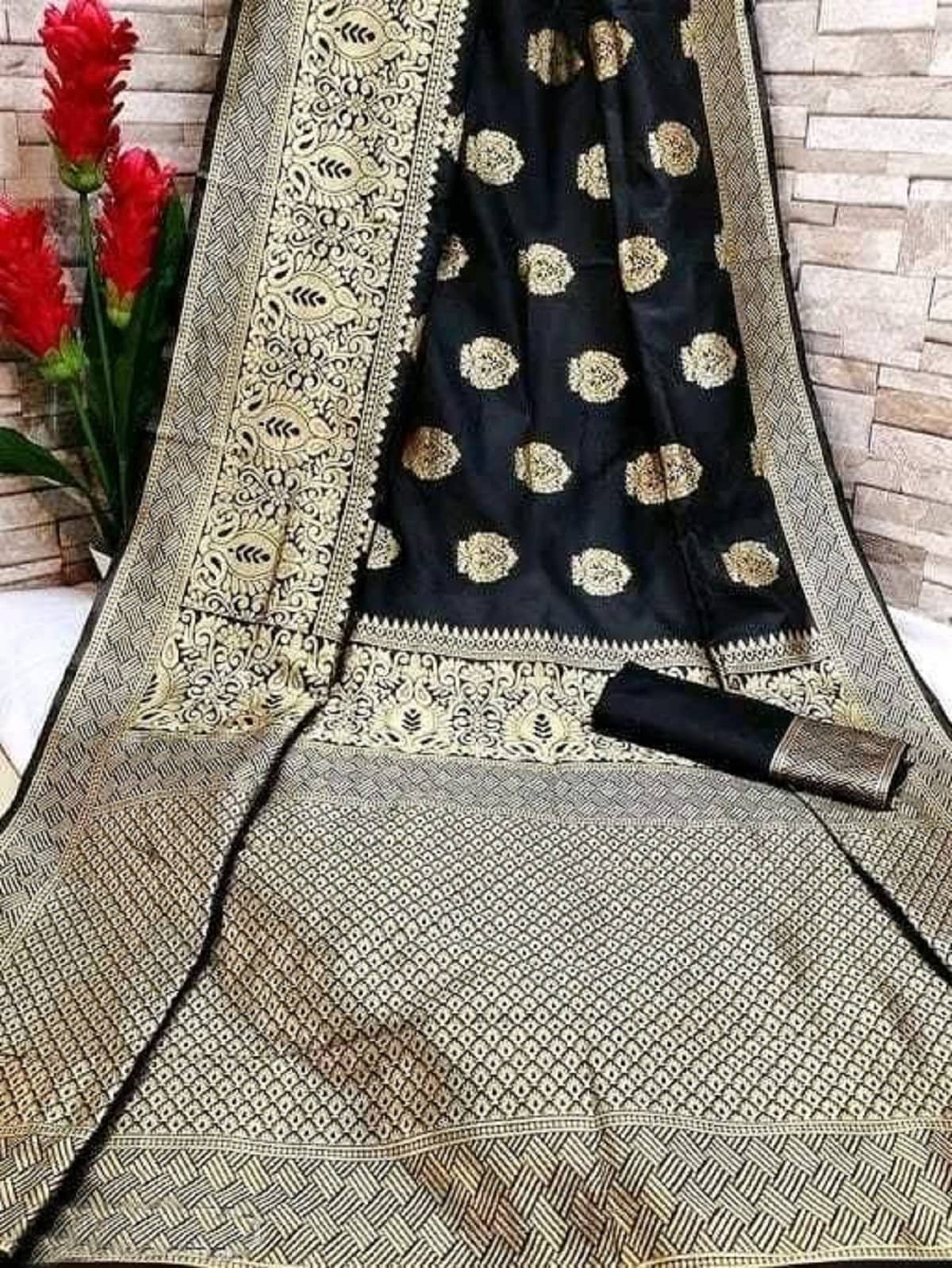 Gazal Fashions Banarasi Silk Embellished Saree With Unstitched Blouse Piece ( Black ) - Sarees | Buy online on ZillyBuy