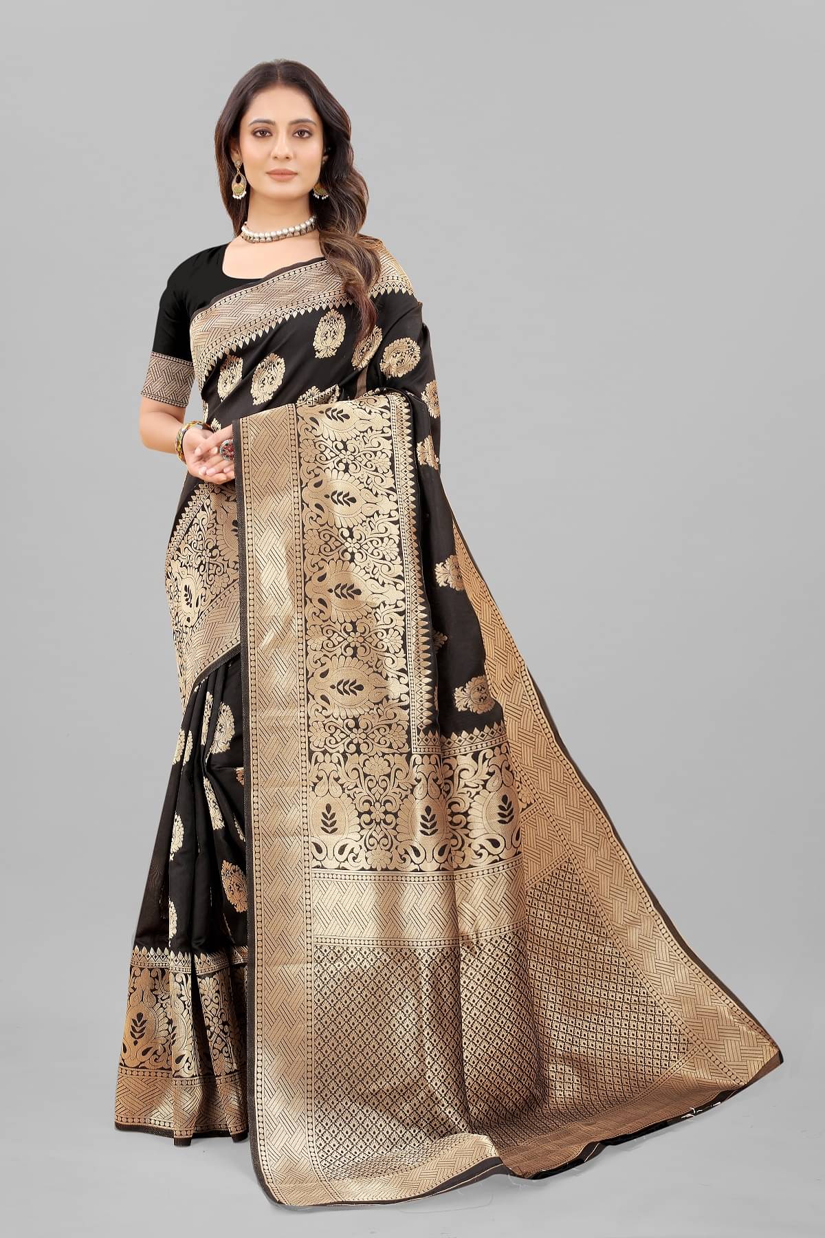     			Gazal Fashions Banarasi Silk Embellished Saree With Unstitched Blouse Piece ( Black )