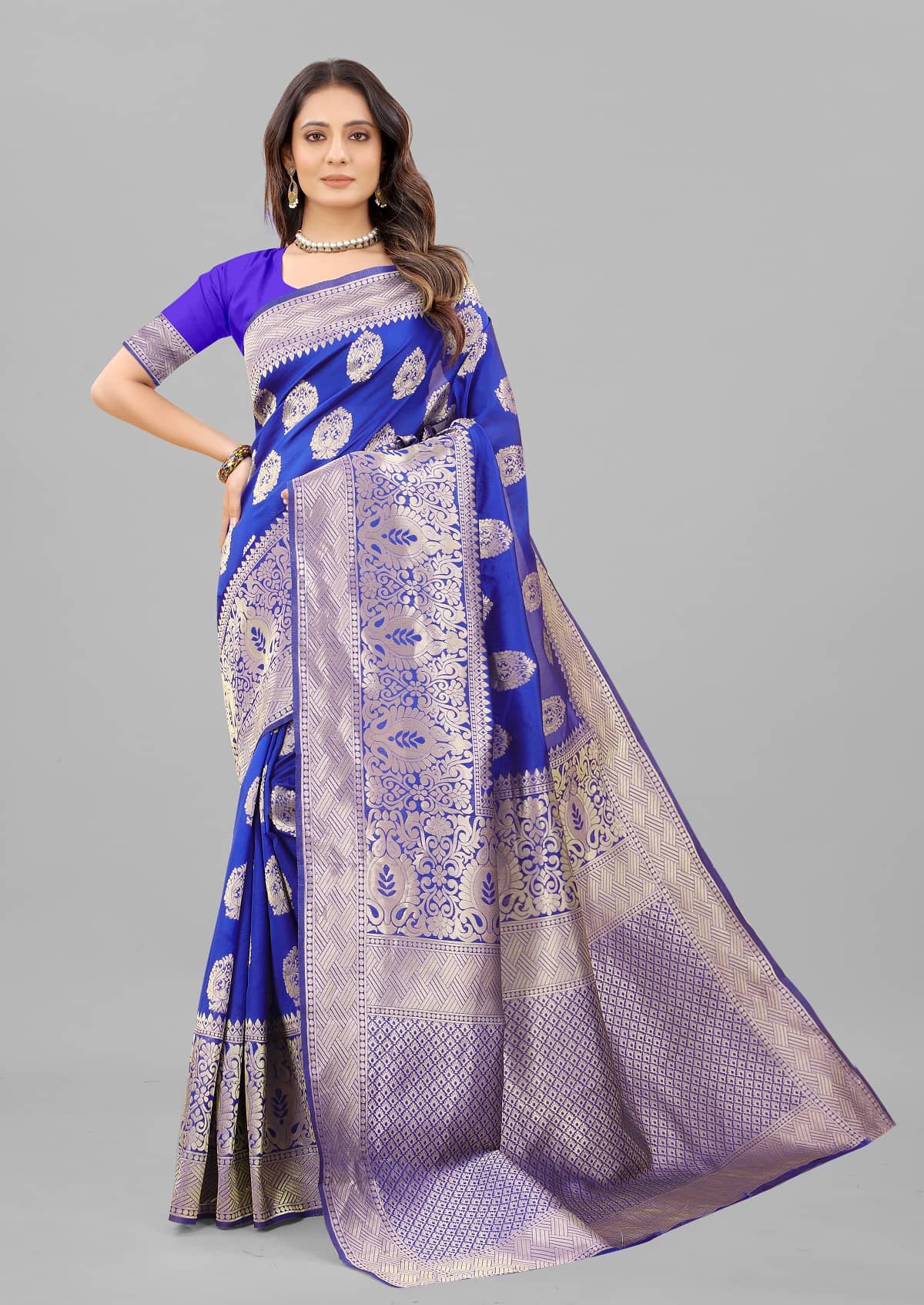 Gazal Fashions Banarasi Silk Embellished Saree With Unstitched Blouse Piece ( Blue ) - Sarees | Buy online on ZillyBuy