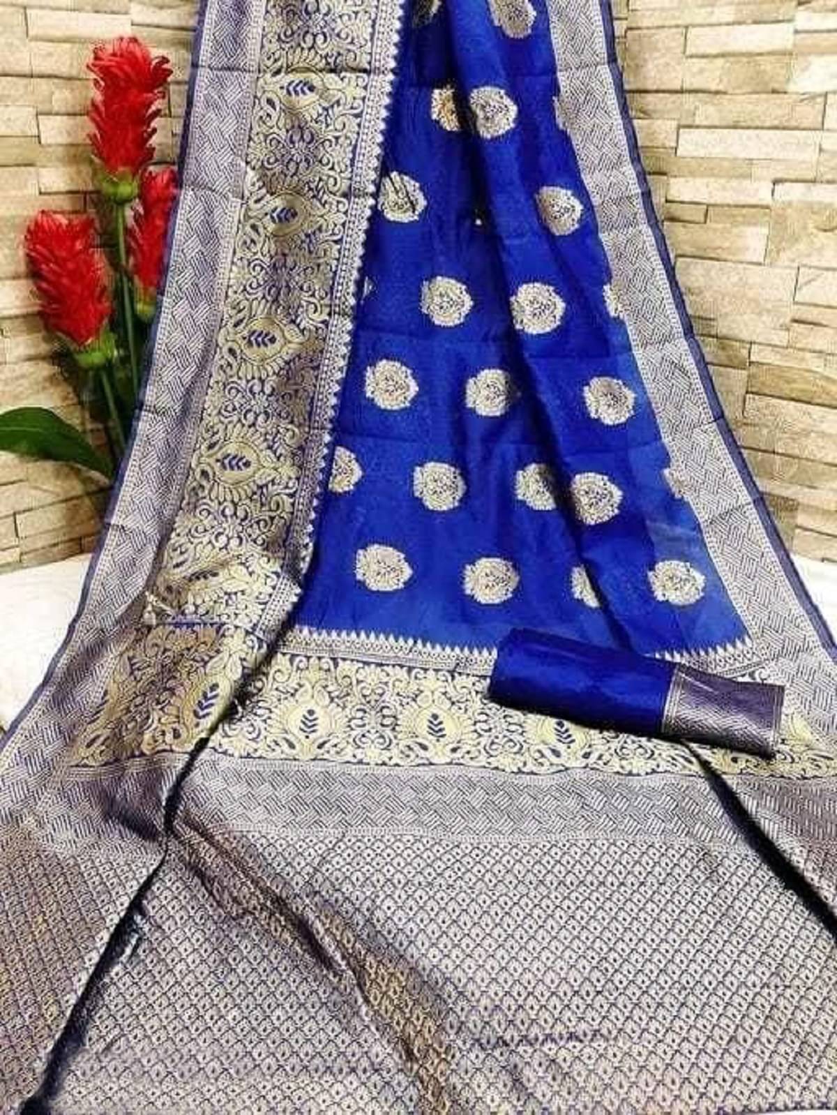 Gazal Fashions Banarasi Silk Embellished Saree With Unstitched Blouse Piece ( Blue ) Gazal Fashions Banarasi Silk Embellished Saree With Unstitched Blouse Piece ( Blue )