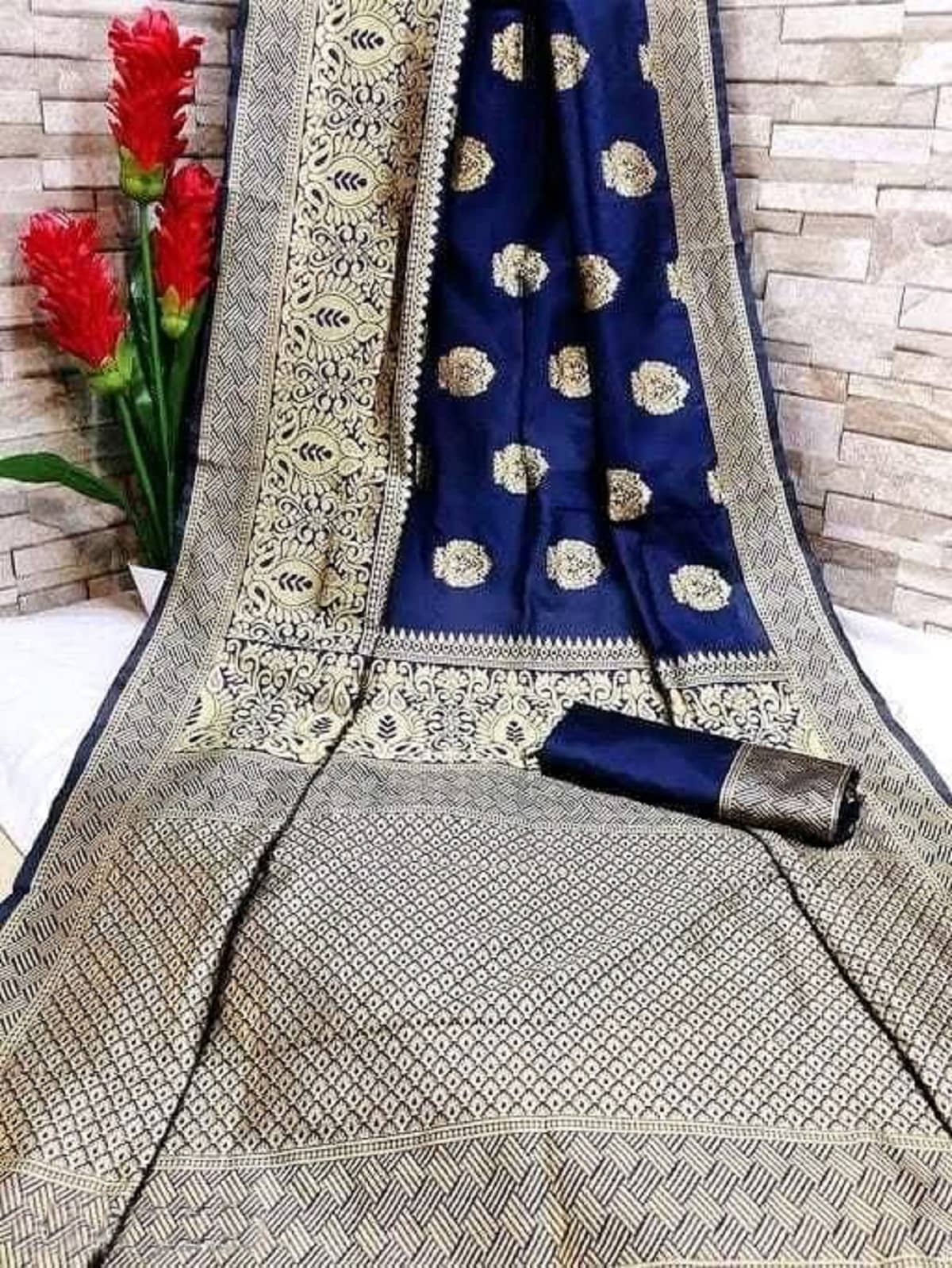 Gazal Fashions Banarasi Silk Embellished Saree With Unstitched Blouse Piece ( Navy Blue ) - Sarees | Buy online on ZillyBuy