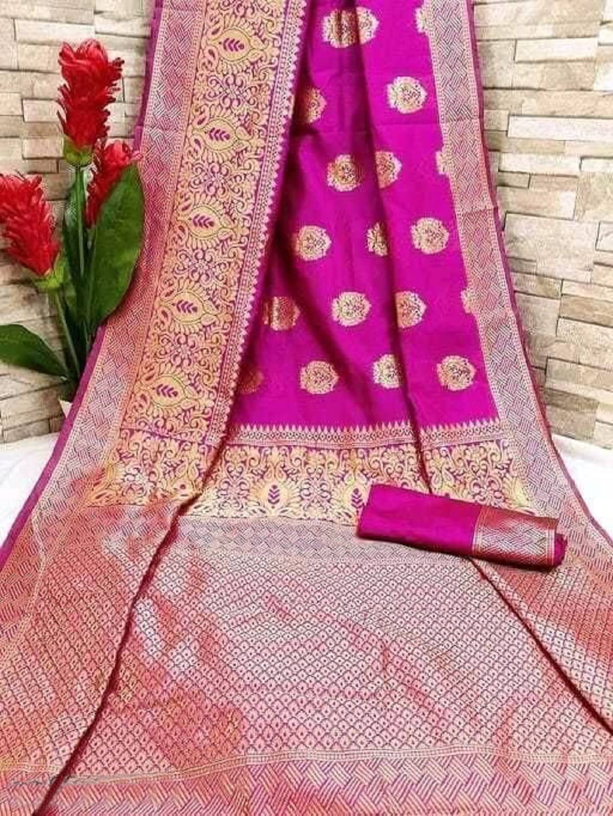 Gazal Fashions Banarasi Silk Embellished Saree With Unstitched Blouse Piece ( Pink ) - Sarees | Buy online on ZillyBuy