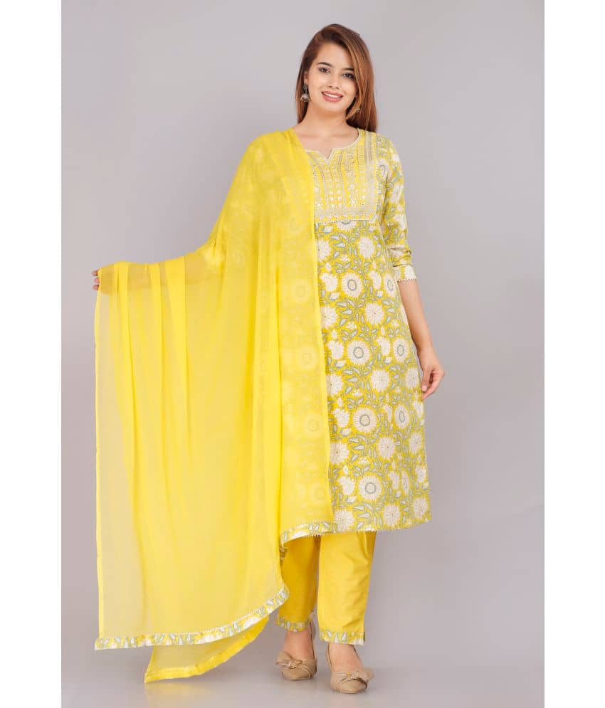HIGHLIGHT FASHION EXPORT - Yellow Straight Cotton Women's Stitched Salwar Suit ( Pack of 1 )