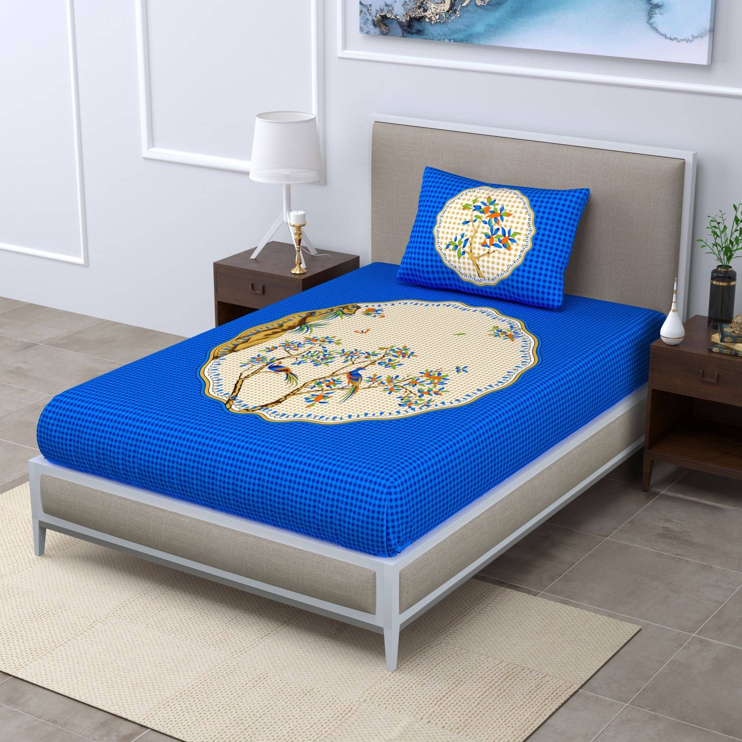     			Uniqchoice Cotton Abstract Single Bedsheet with 1 Pillow Cover-Blue