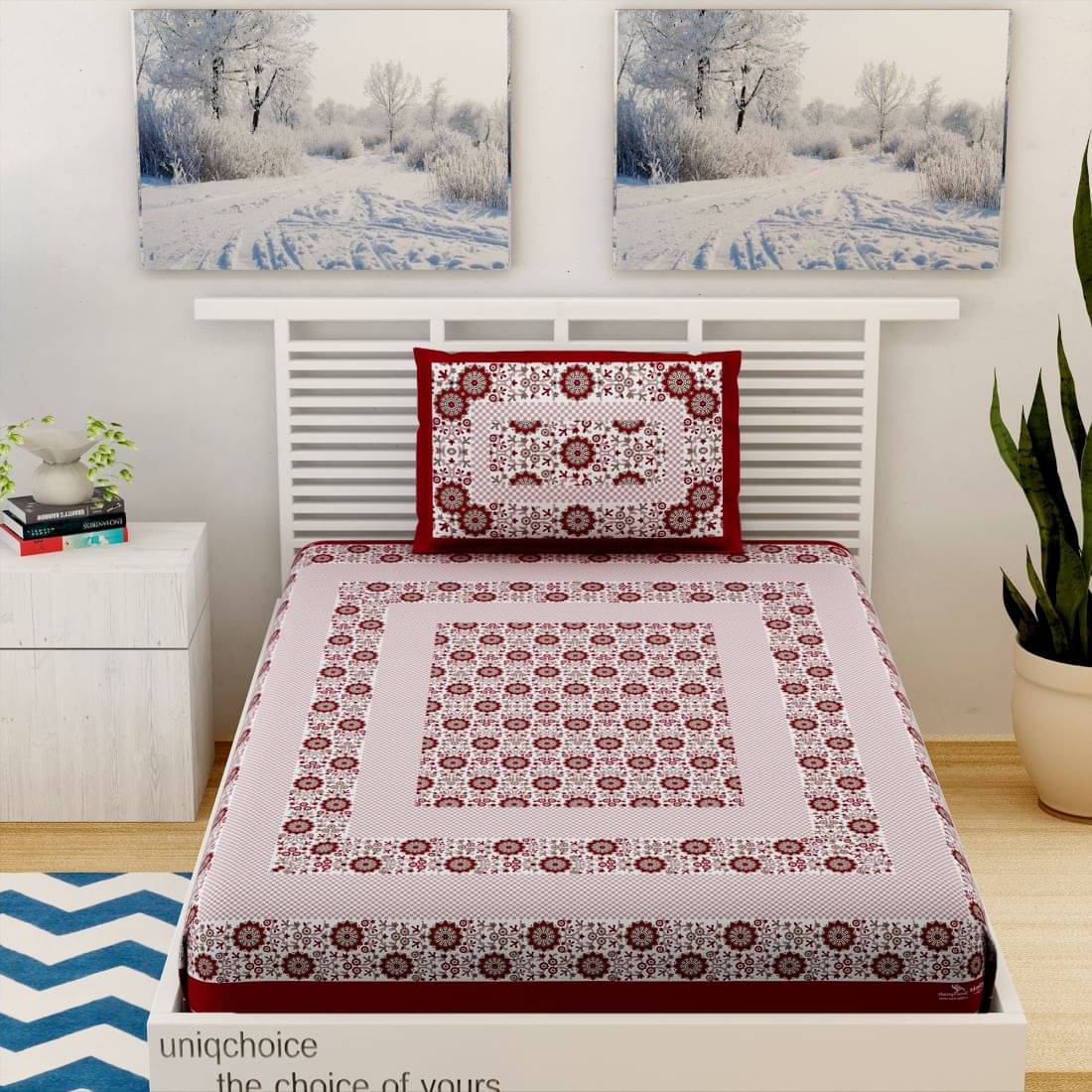 unique choice Cotton Ethnic Printed Single Bedsheet with 1 Pillow Cover - Red unique choice Cotton Ethnic Printed Single Bedsheet with 1 Pillow Cover - Red