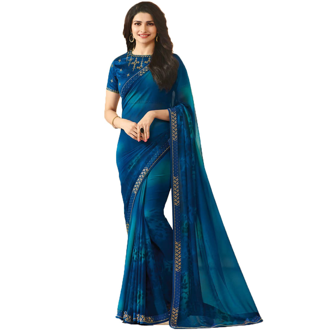 BLEESBURY Georgette Printed Saree With Unstitched Blouse Piece ( Blue ) BLEESBURY Georgette Printed Saree With Unstitched Blouse Piece ( Blue )