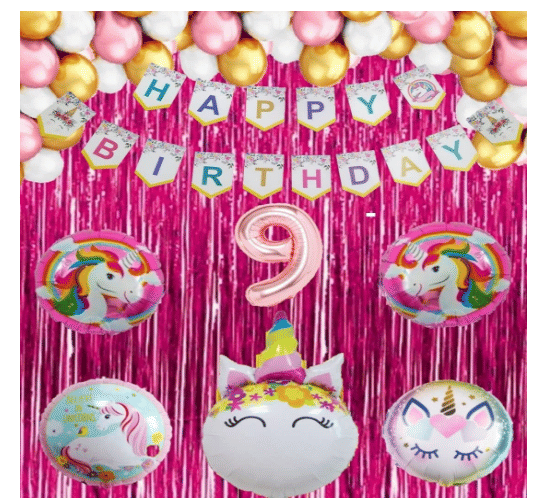     			Shopyo   1 set Happy Birthday Banner (Unicorn shape),2 pcs pink  fringe Curtain + 5 pc Unicorn Foil Balloon Set + 30 Pcs Metallic Balloons ( Pink , White & Gold),9 No. Foil Number Rose gold